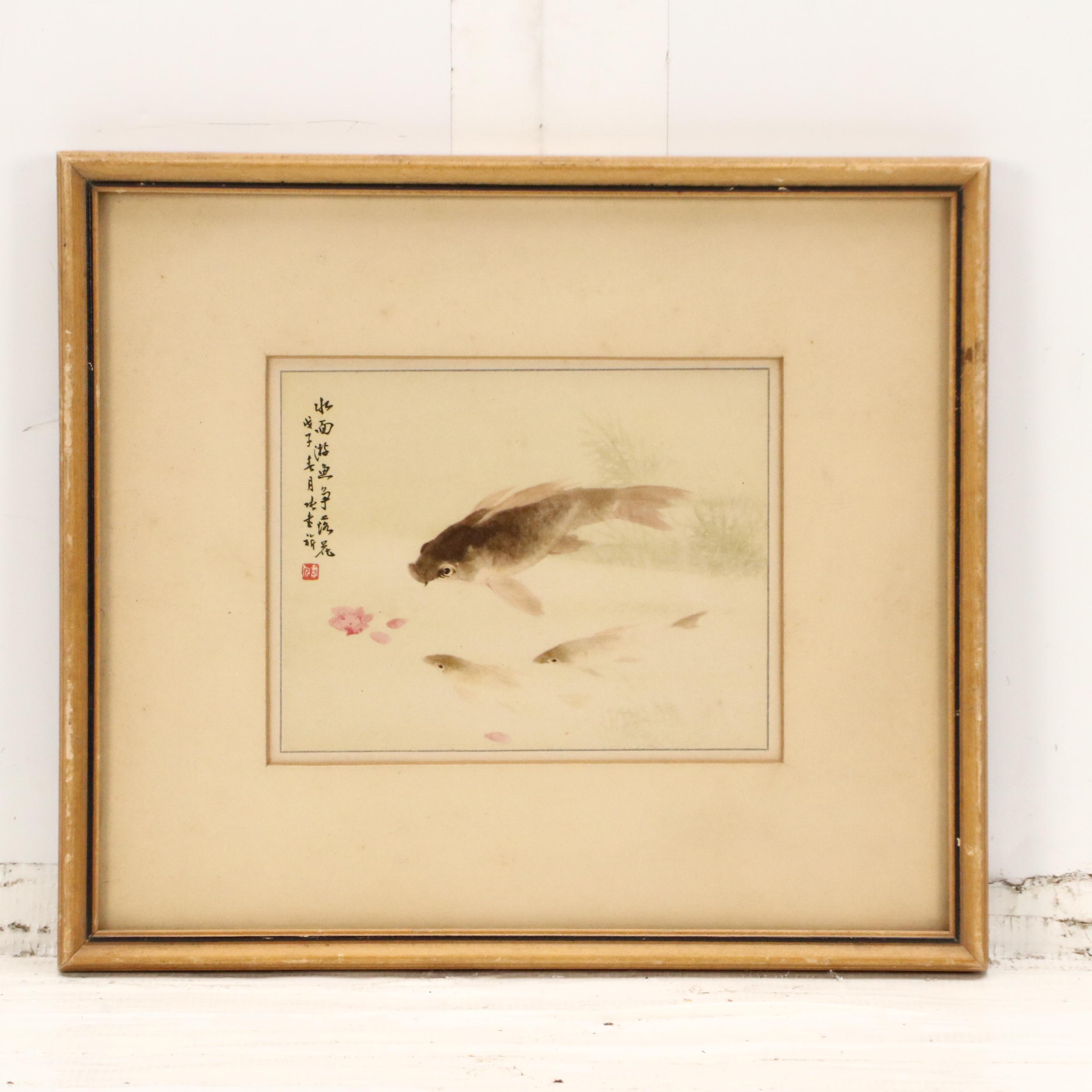 Offset Lithographs of Chinese Scenes with Figures, Fish, and Birds, 20th Century