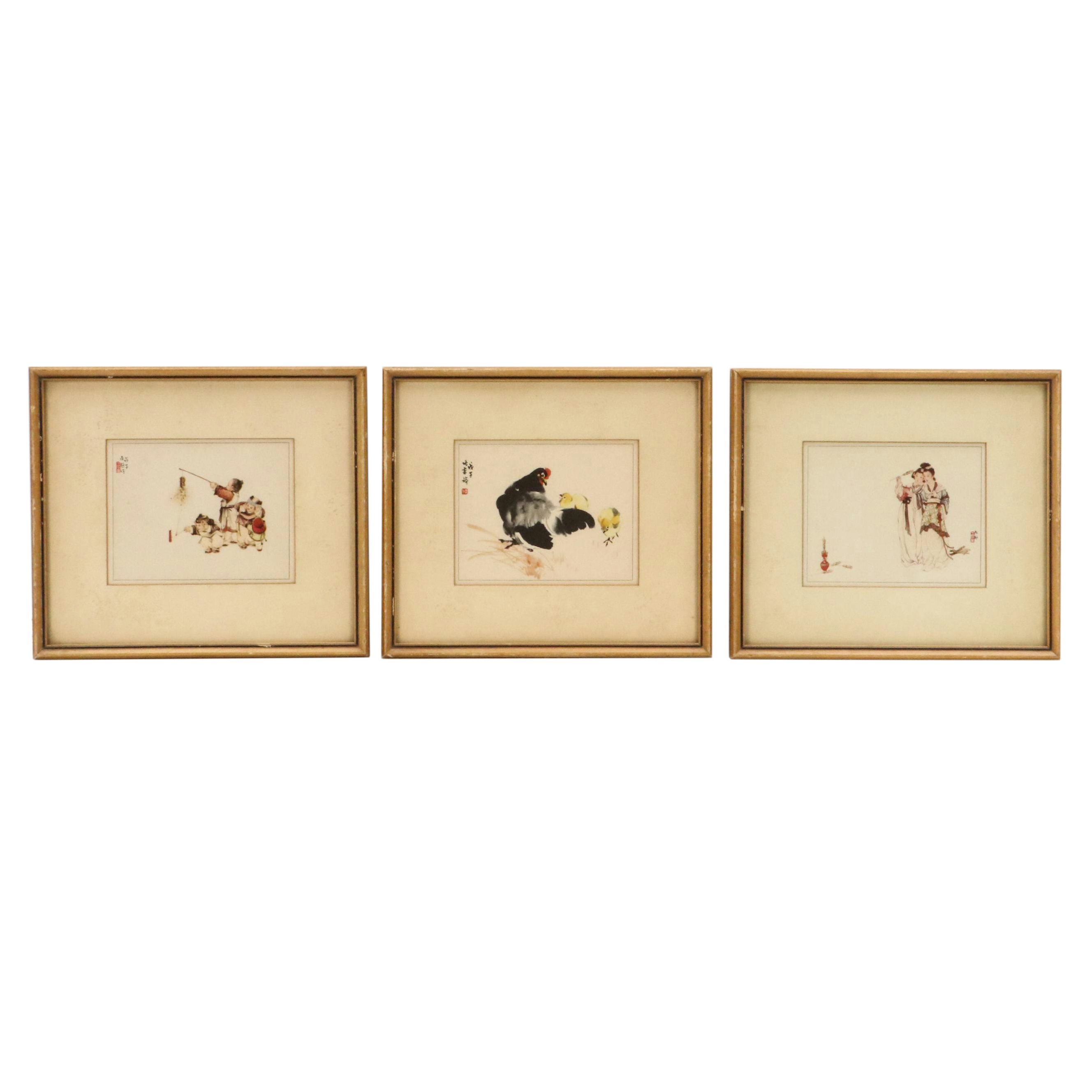 Offset Lithographs of Chinese Scenes with Figures, Fish, and Birds, 20th Century