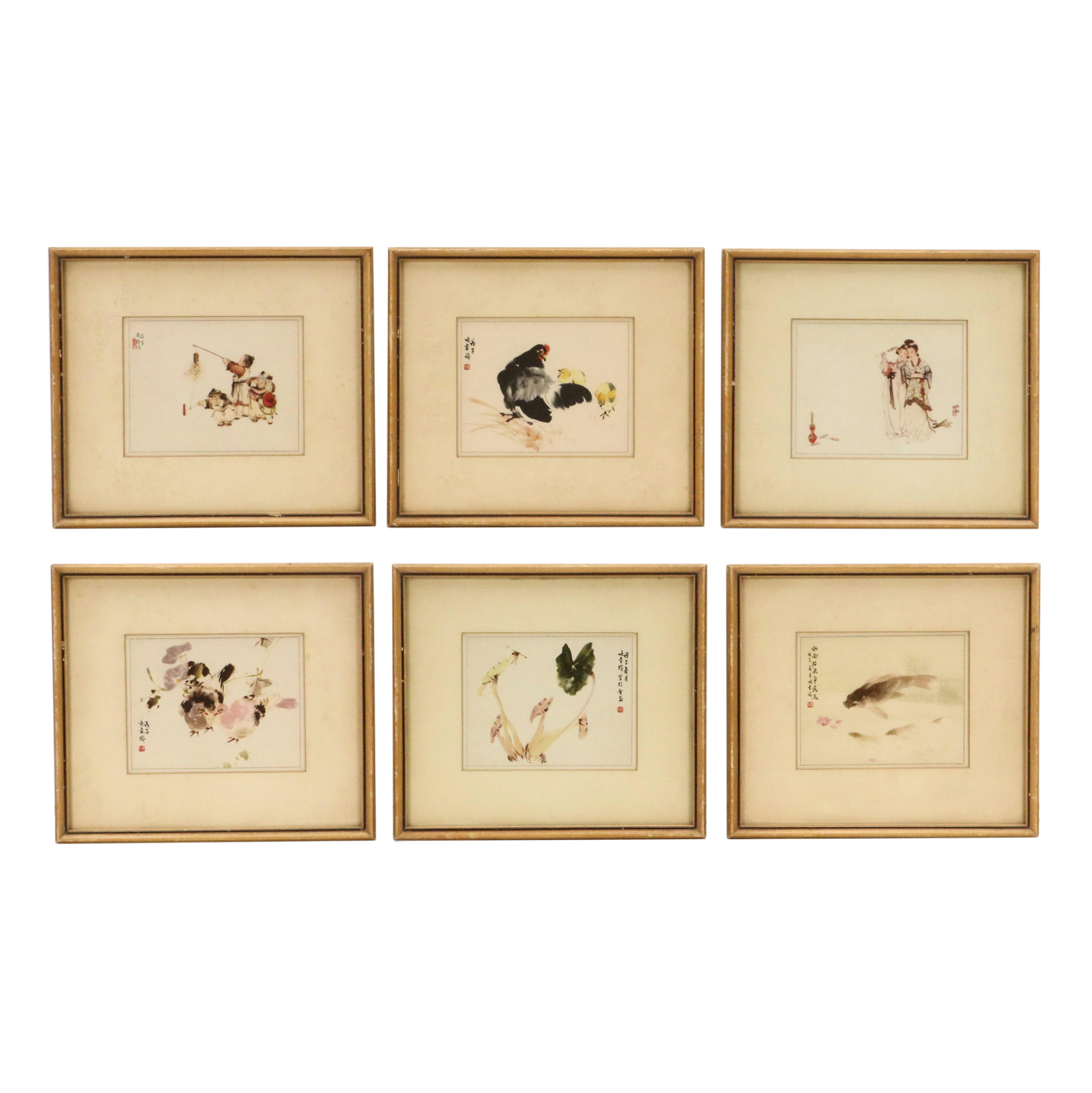 Offset Lithographs of Chinese Scenes with Figures, Fish, and Birds, 20th Century