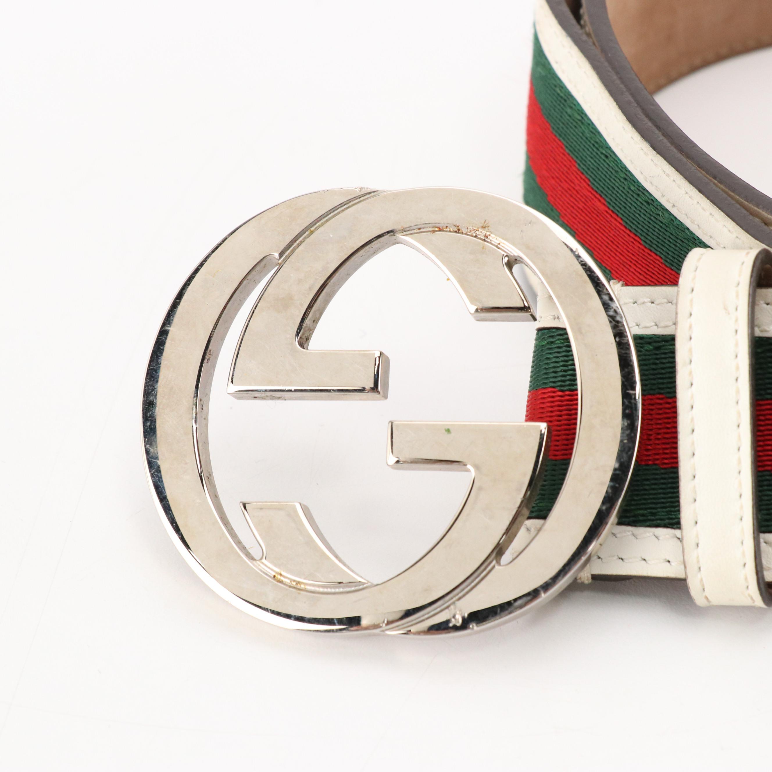 Gucci Interlocking GG Web Strap Belt with White Leather Trim