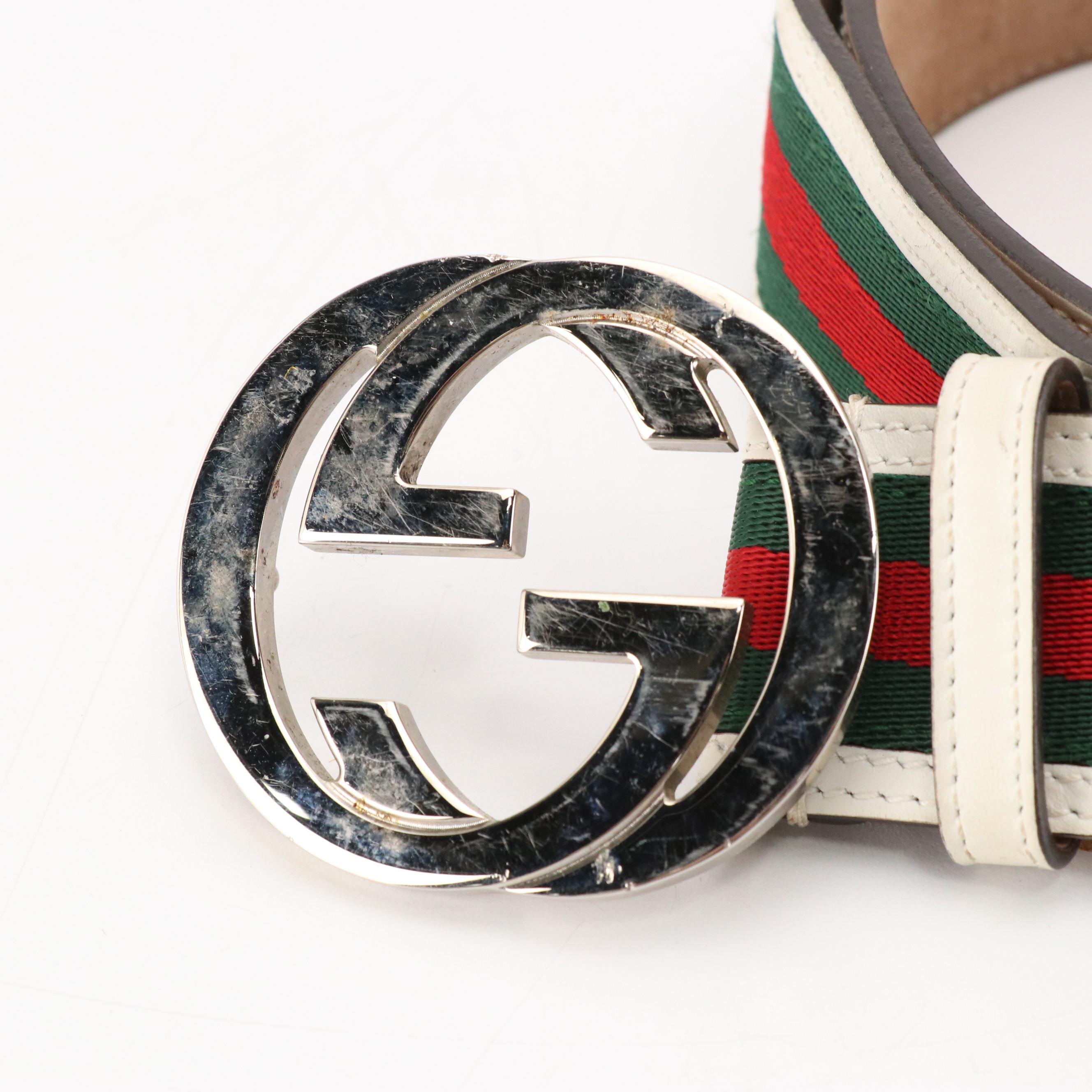 Gucci Interlocking GG Web Strap Belt with White Leather Trim