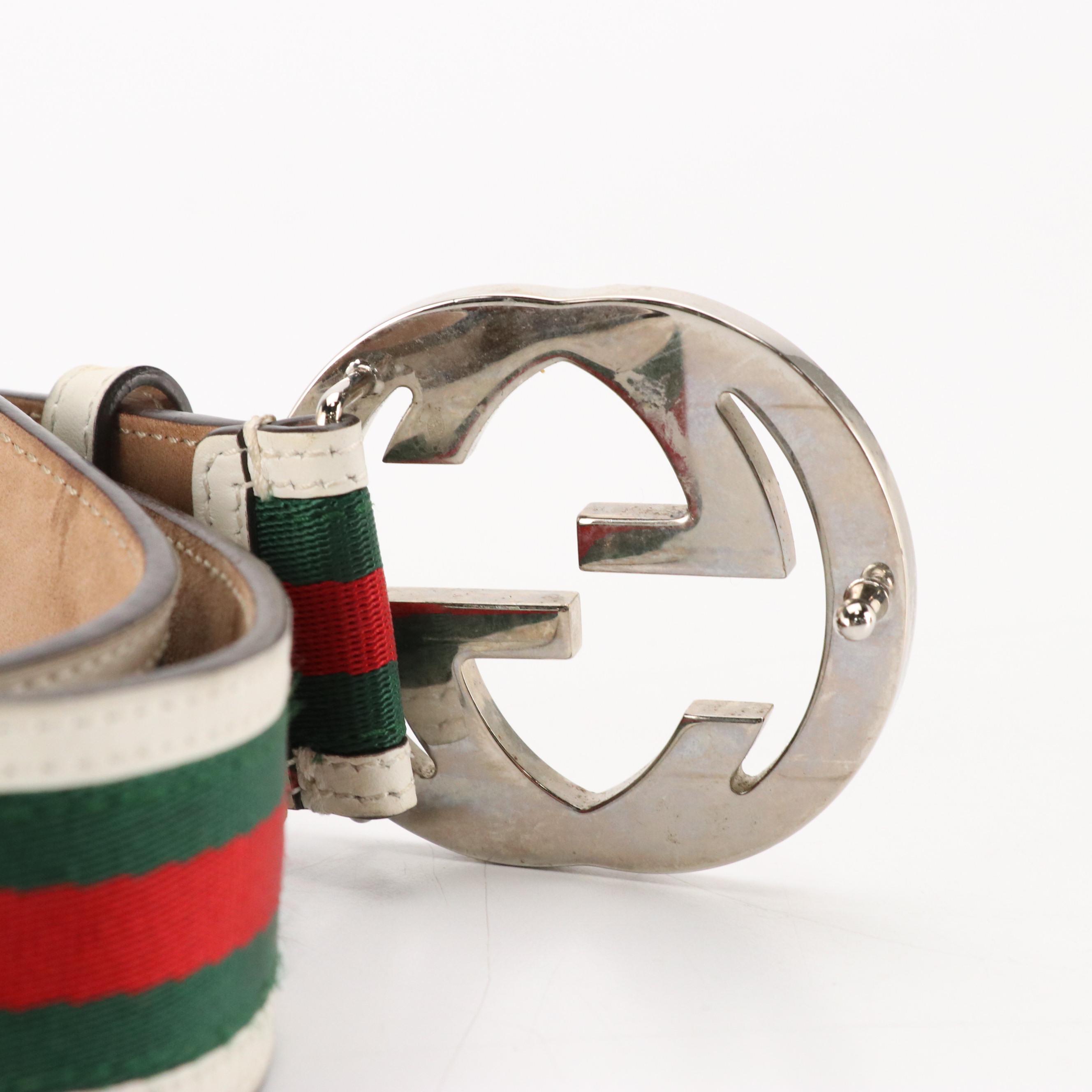 Gucci Interlocking GG Web Strap Belt with White Leather Trim