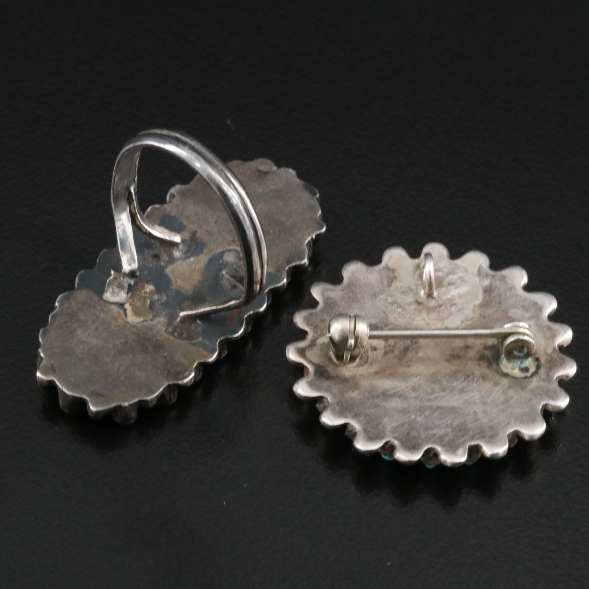 Southwestern Sterling Petit Point Turquoise Ring and Brooch