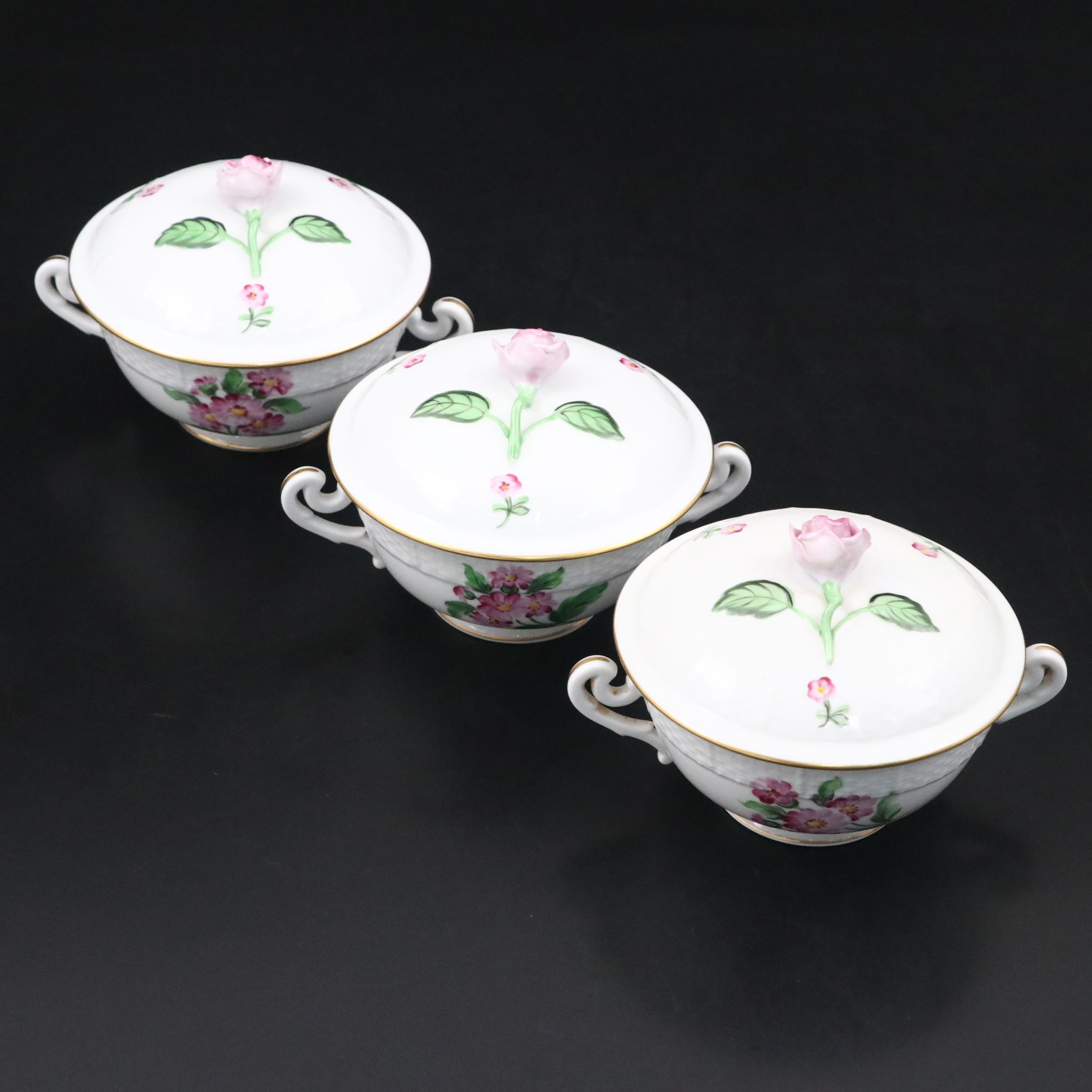 Herend Porcelain Rose Covered Bowls