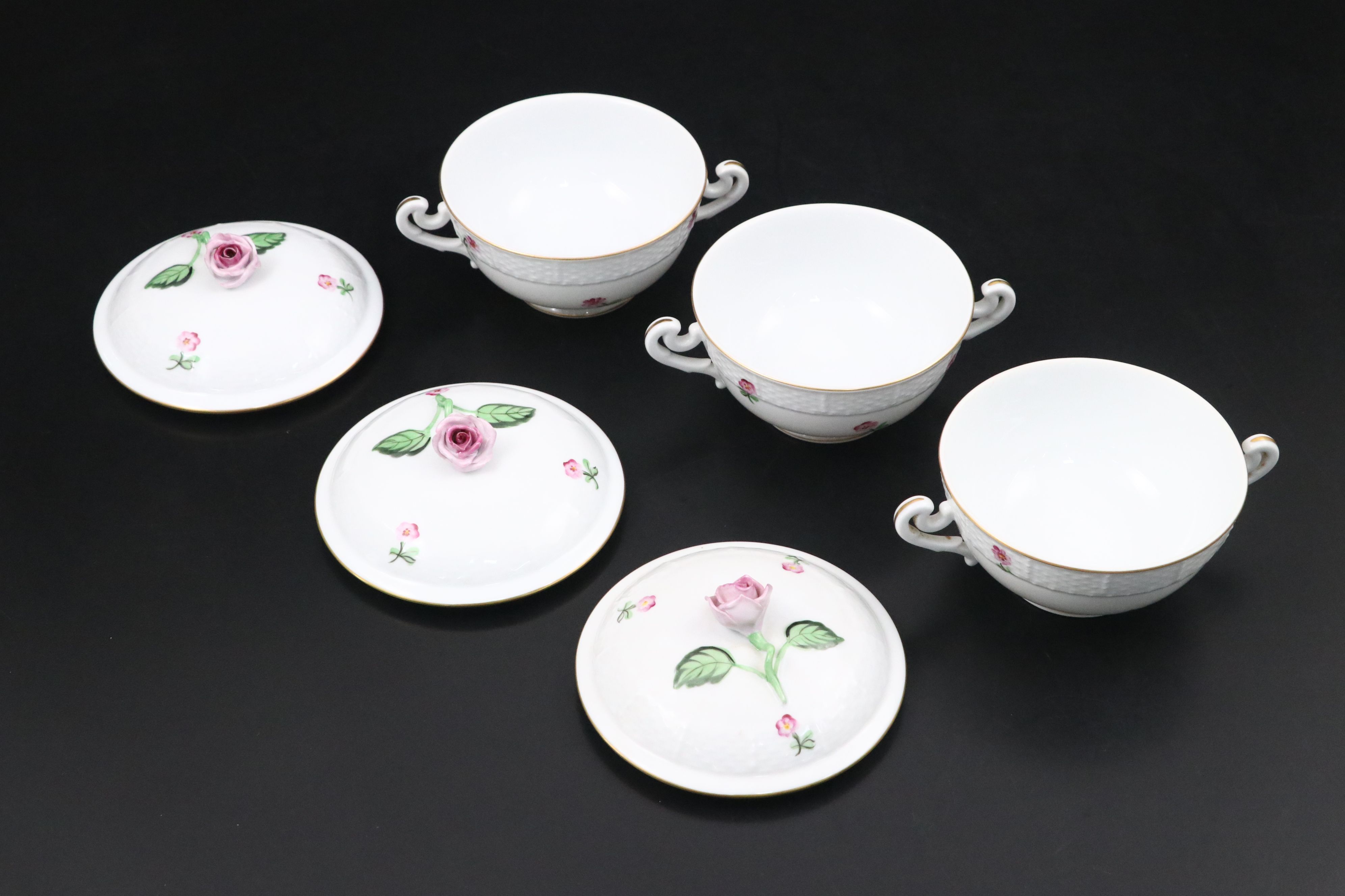 Herend Porcelain Rose Covered Bowls