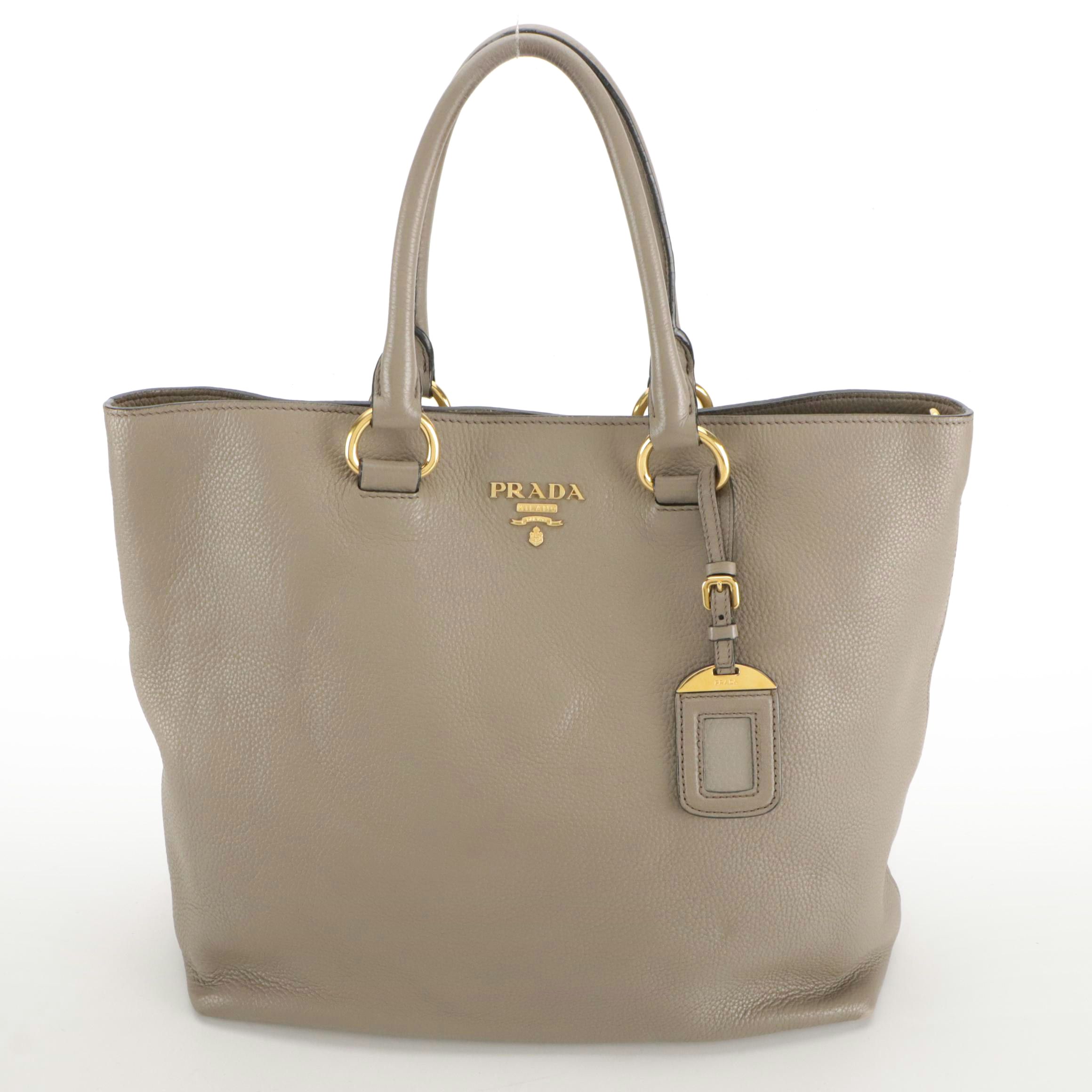 Prada Soft Two-Way Tote in Taupe Grey Pebble Grained Leather