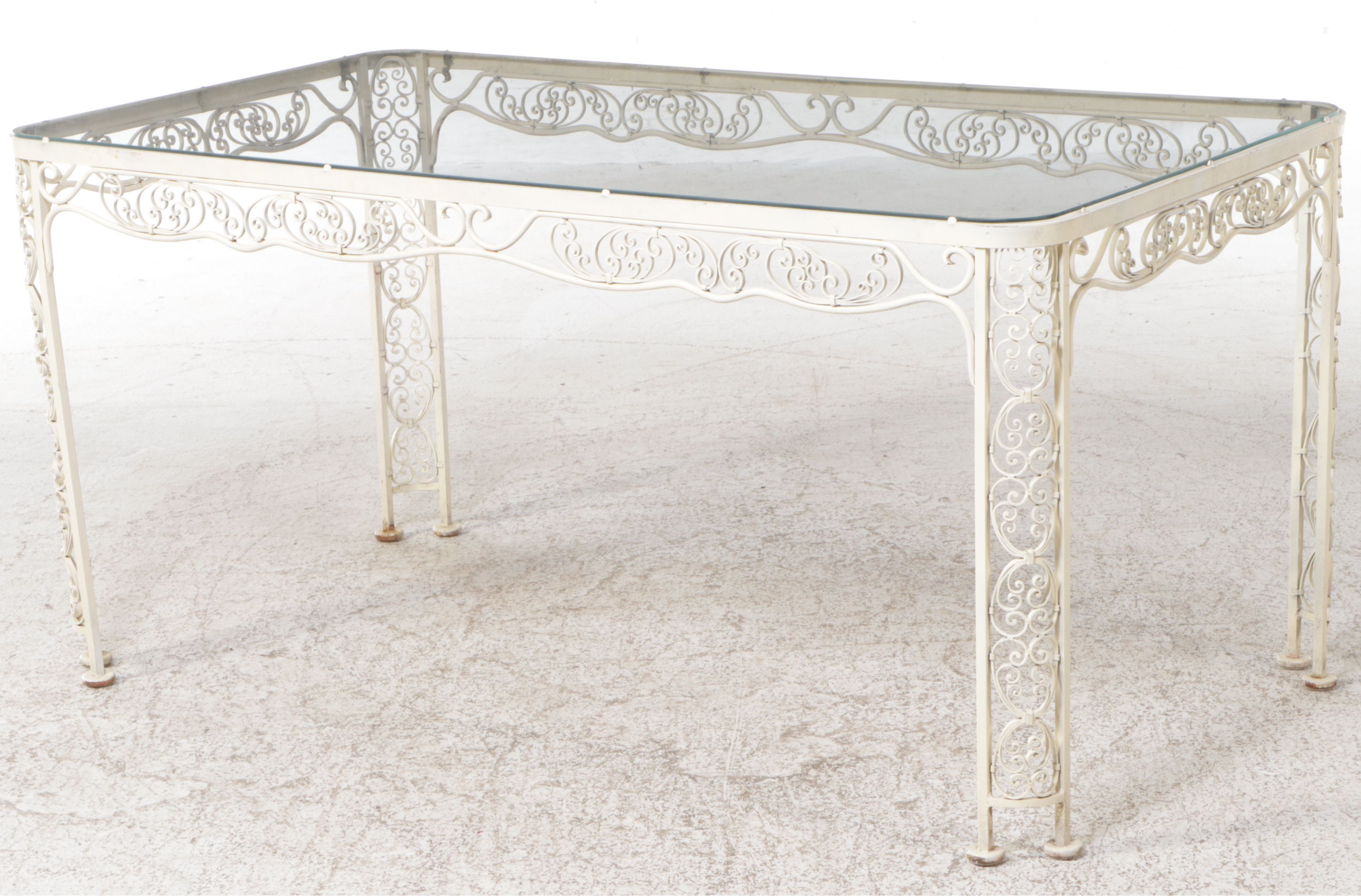 Painted Wrought Iron Patio Chairs and Table with Glass Top, 1950