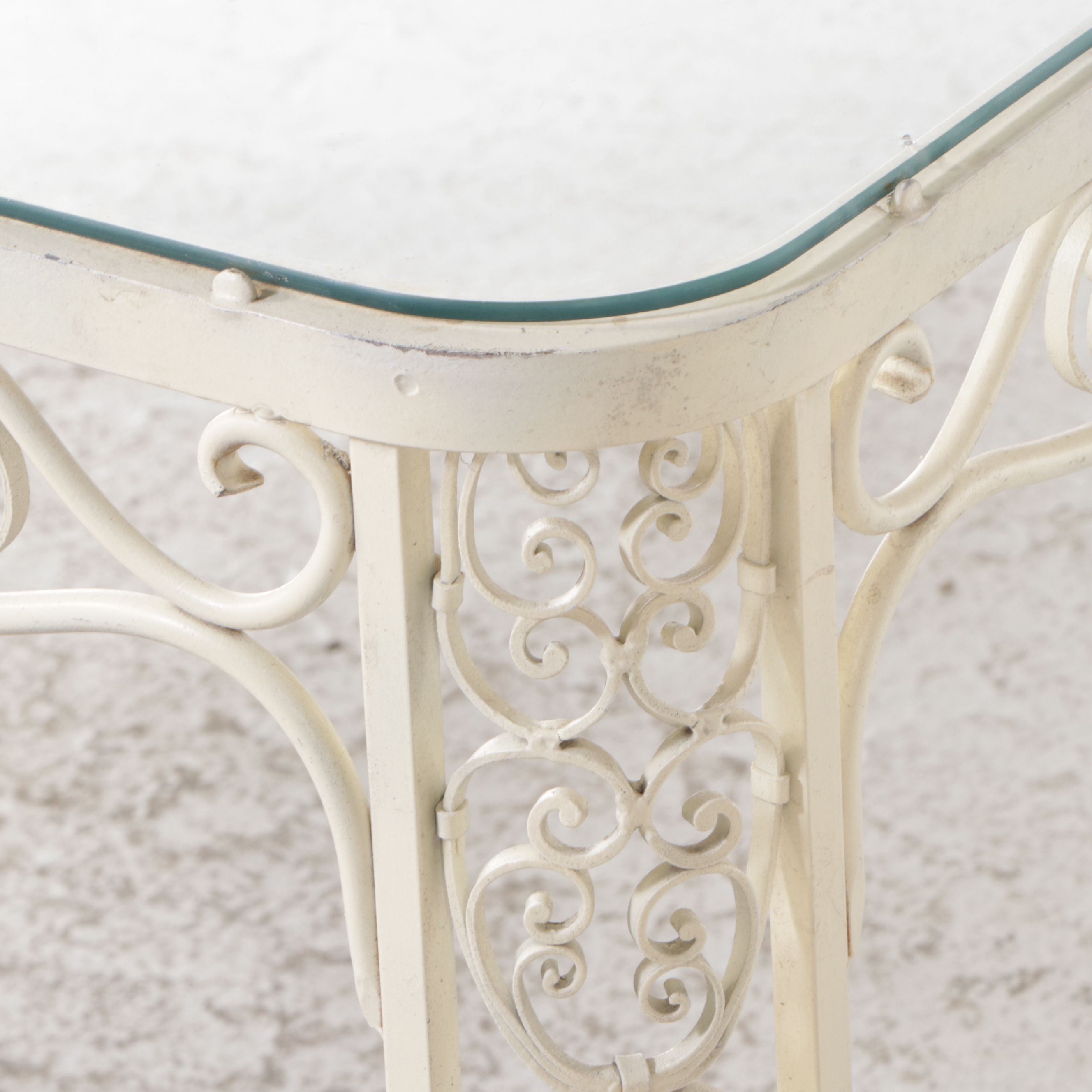 Painted Wrought Iron Patio Chairs and Table with Glass Top, 1950