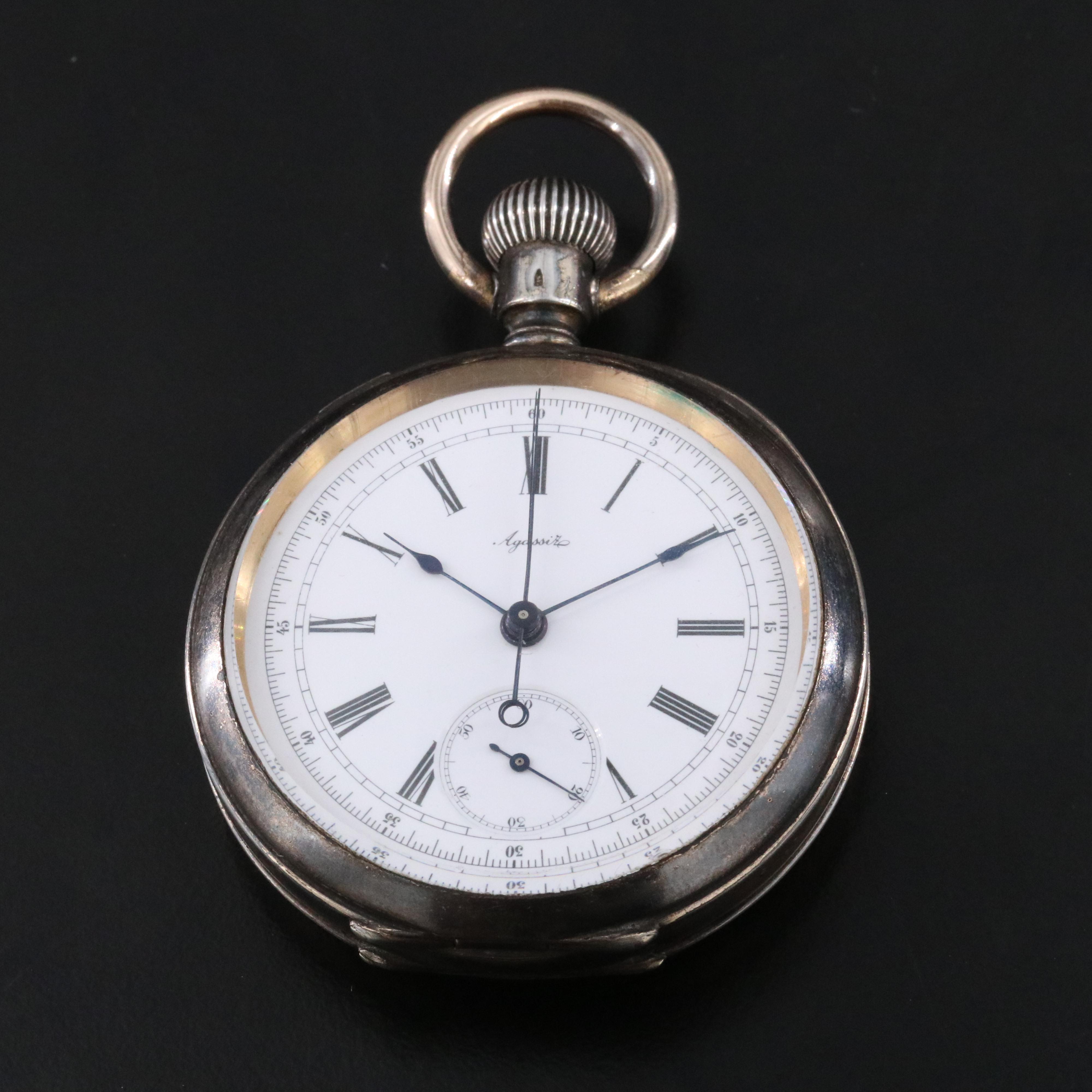 Vintage Agassiz Sterling Silver Split Seconds Pocket Watch