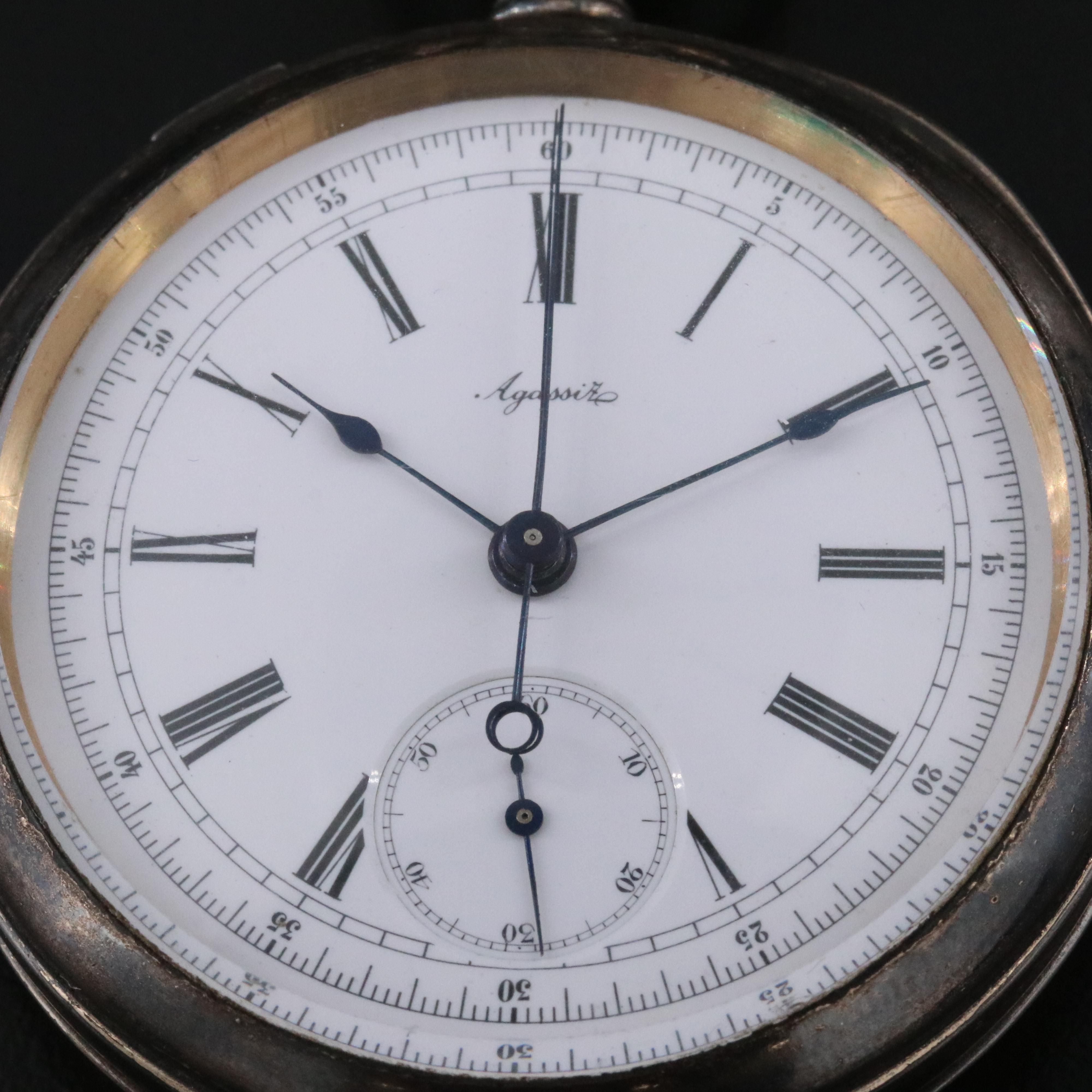 Vintage Agassiz Sterling Silver Split Seconds Pocket Watch