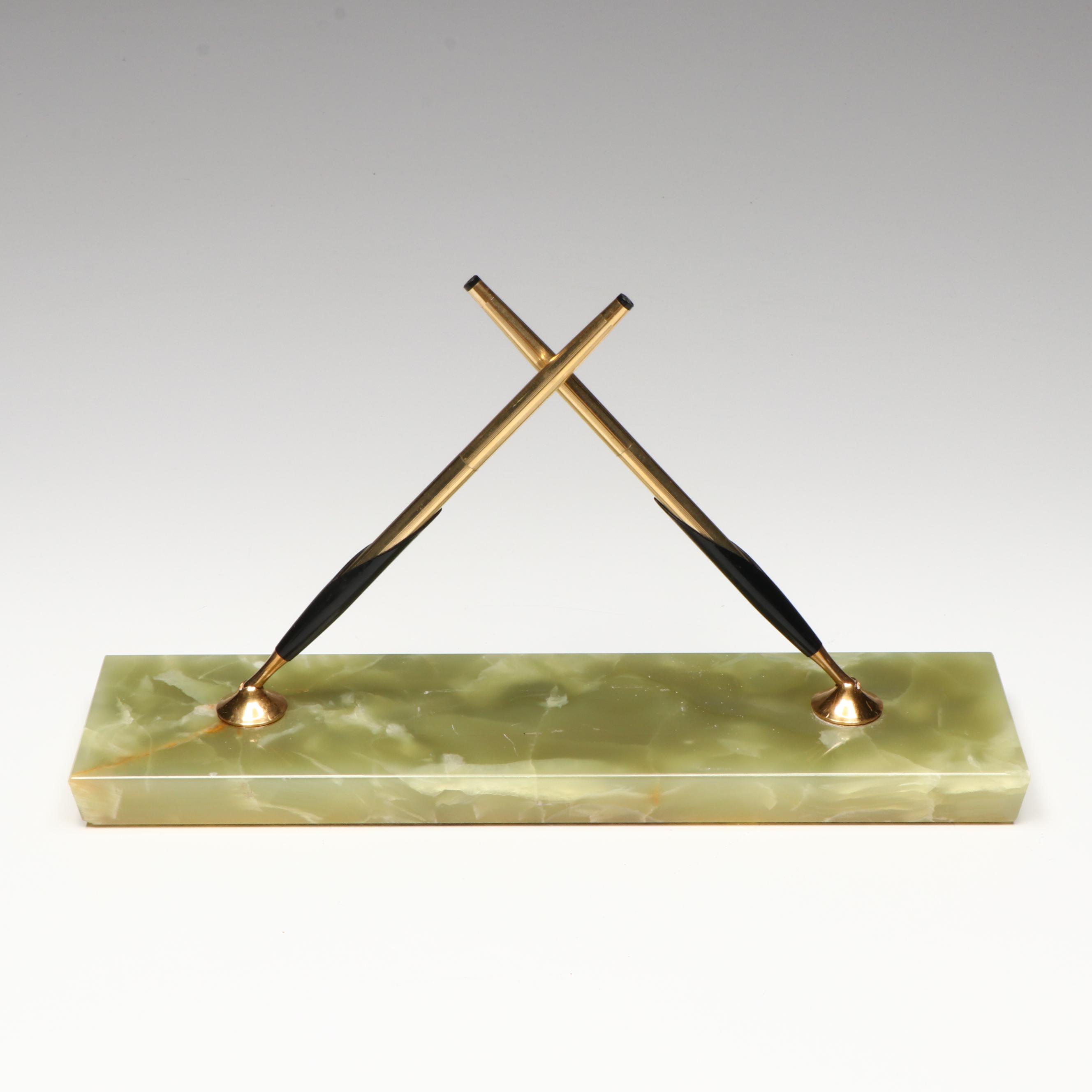 Cross 10K Gold Filled Pens with Green Banded Calcite Pen Holder