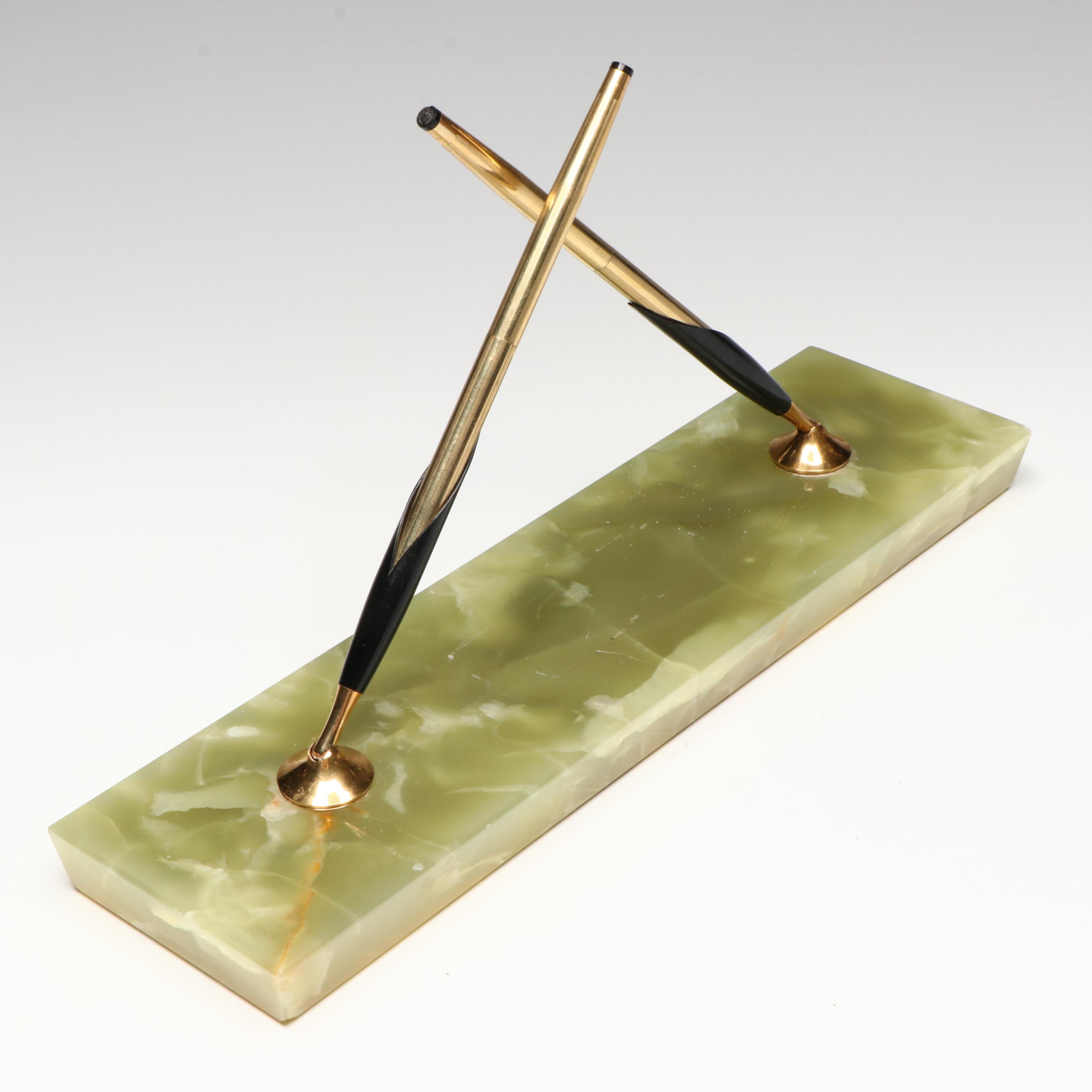 Cross 10K Gold Filled Pens with Green Banded Calcite Pen Holder