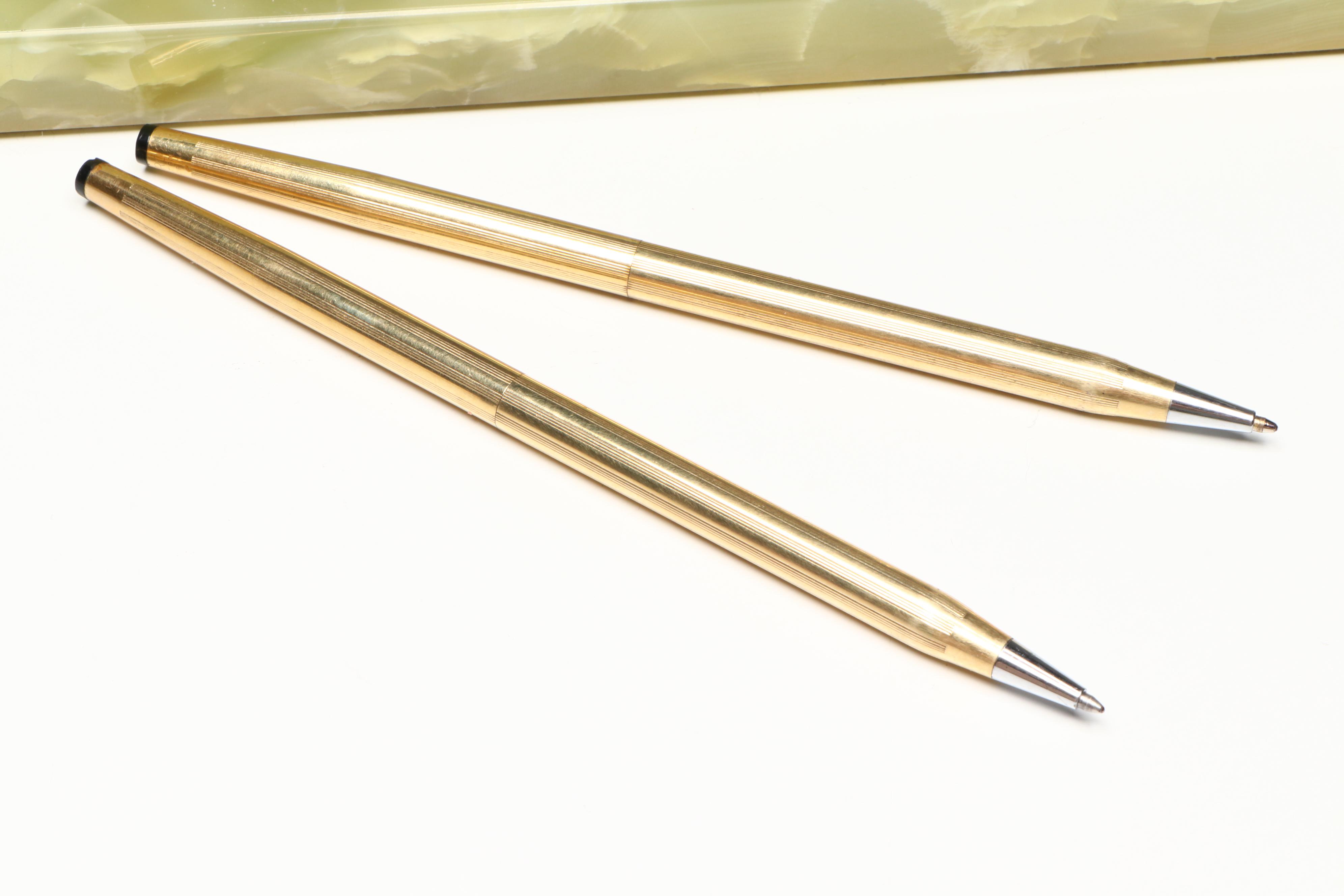 Cross 10K Gold Filled Pens with Green Banded Calcite Pen Holder