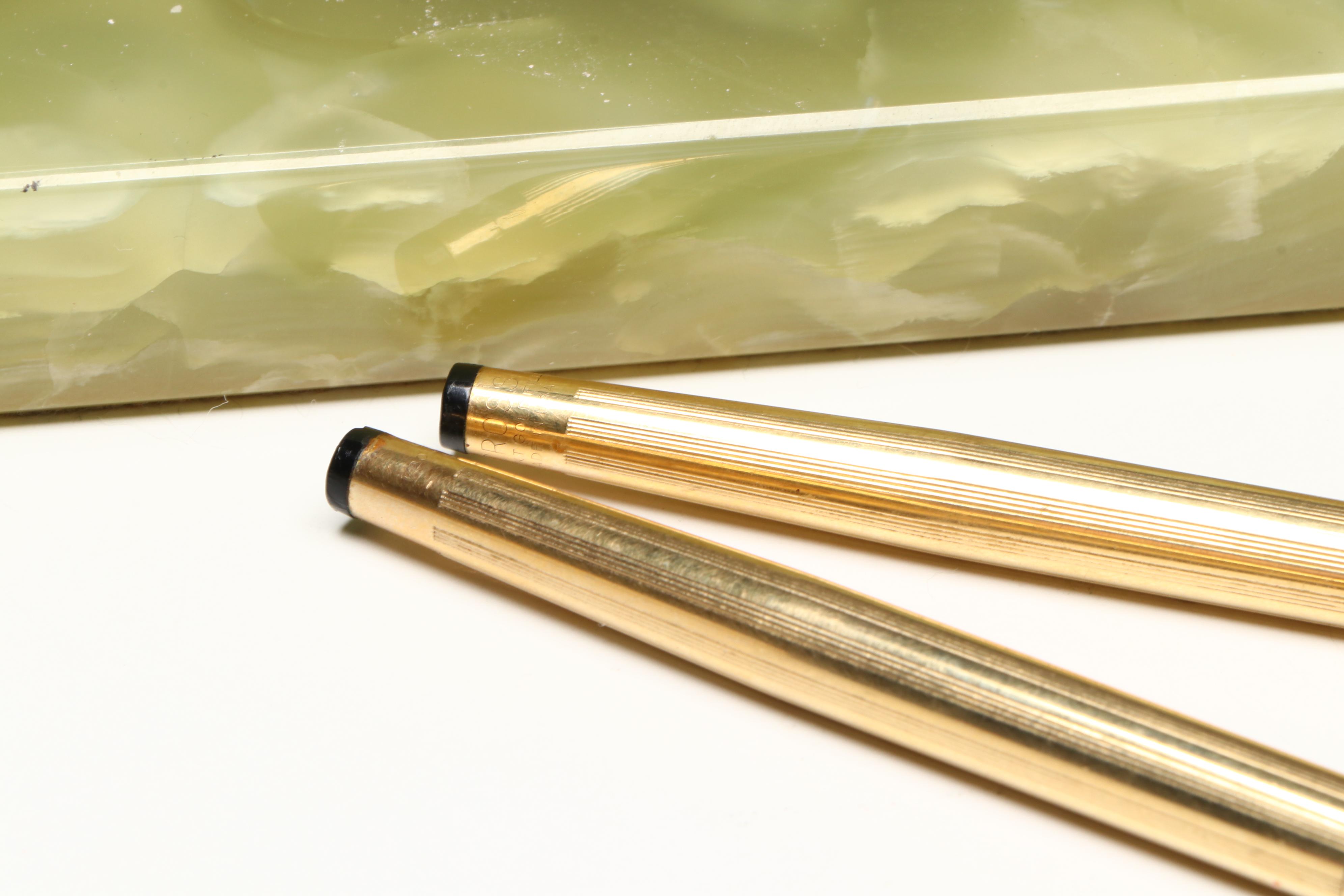 Cross 10K Gold Filled Pens with Green Banded Calcite Pen Holder