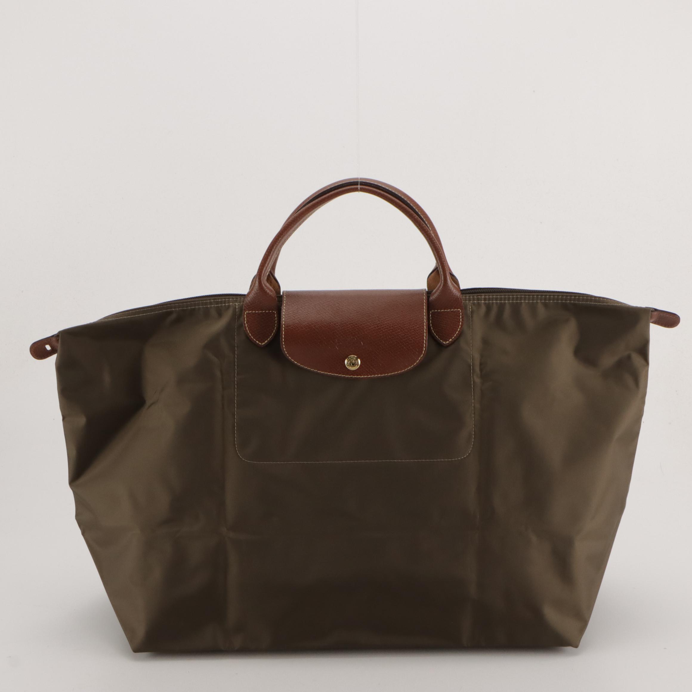 Longchamp Le Pliage Short Handle Large Travel Bag in Taupe Nylon