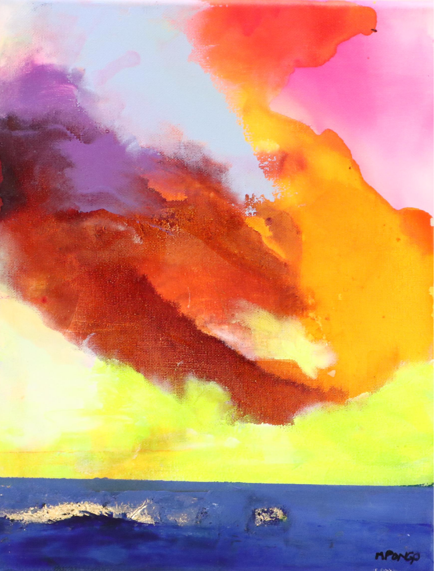 Milagros Pongo Stylized Seascape Mixed Media Painting "Marina," 21st Century