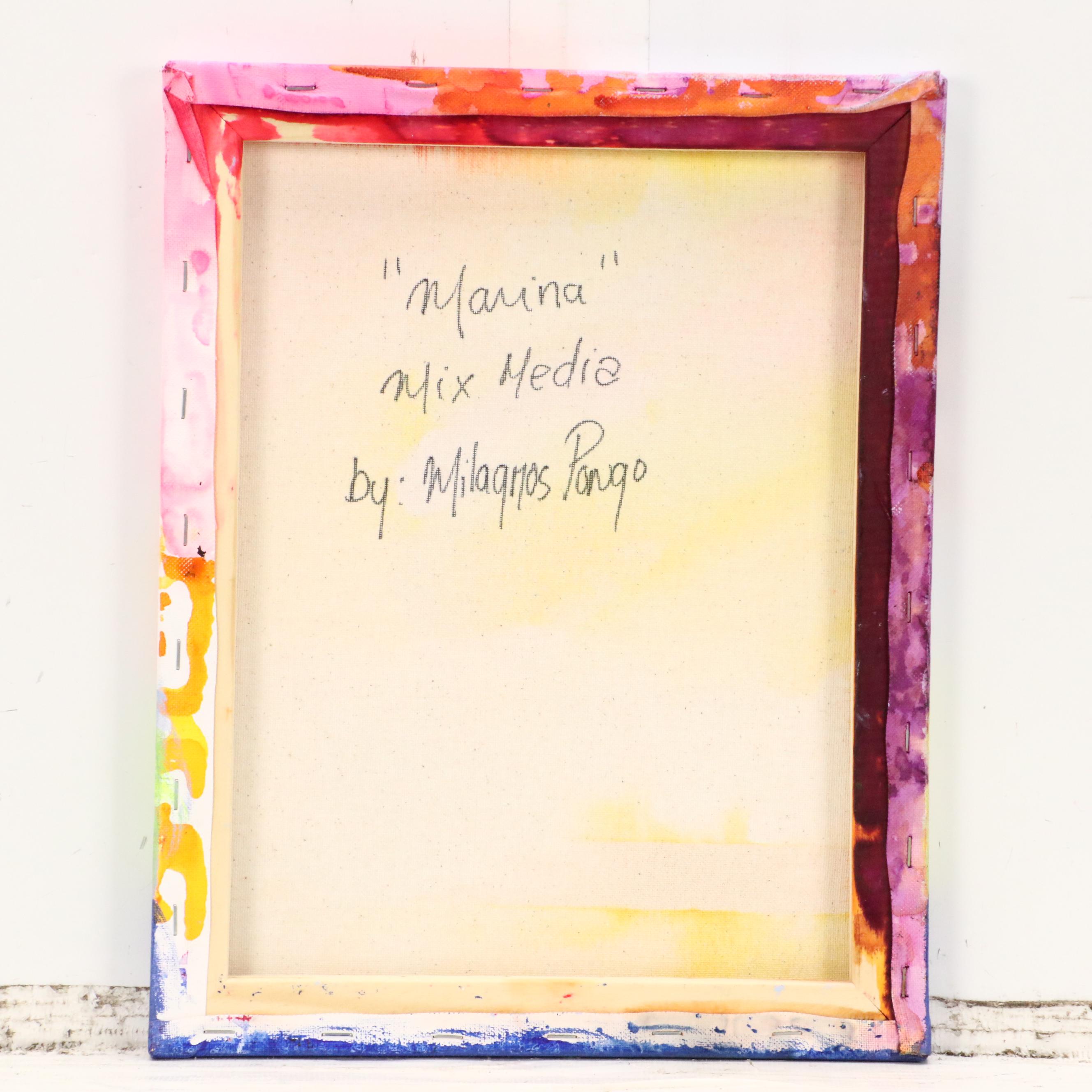 Milagros Pongo Stylized Seascape Mixed Media Painting "Marina," 21st Century