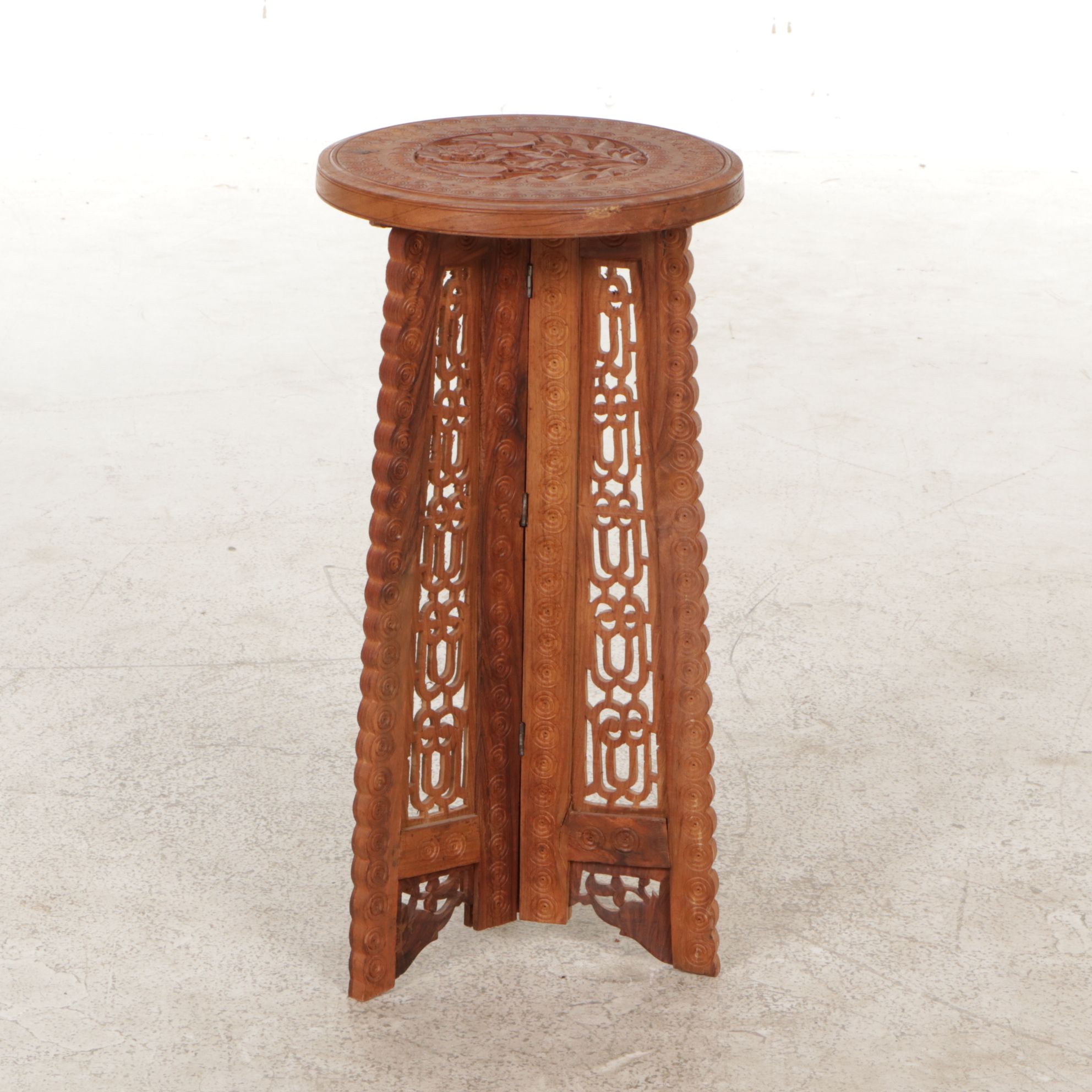 Anglo-Indian Carved Wood Circular Folding Plant Stand