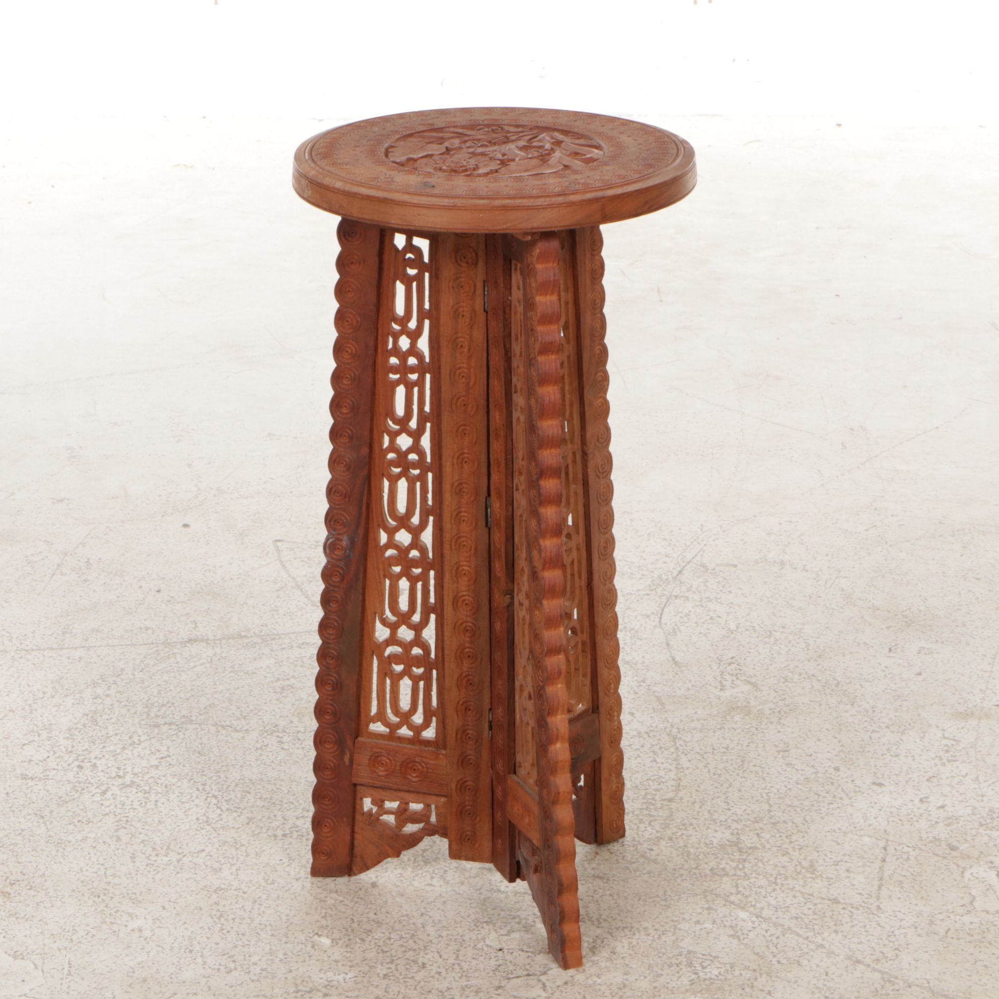 Anglo-Indian Carved Wood Circular Folding Plant Stand