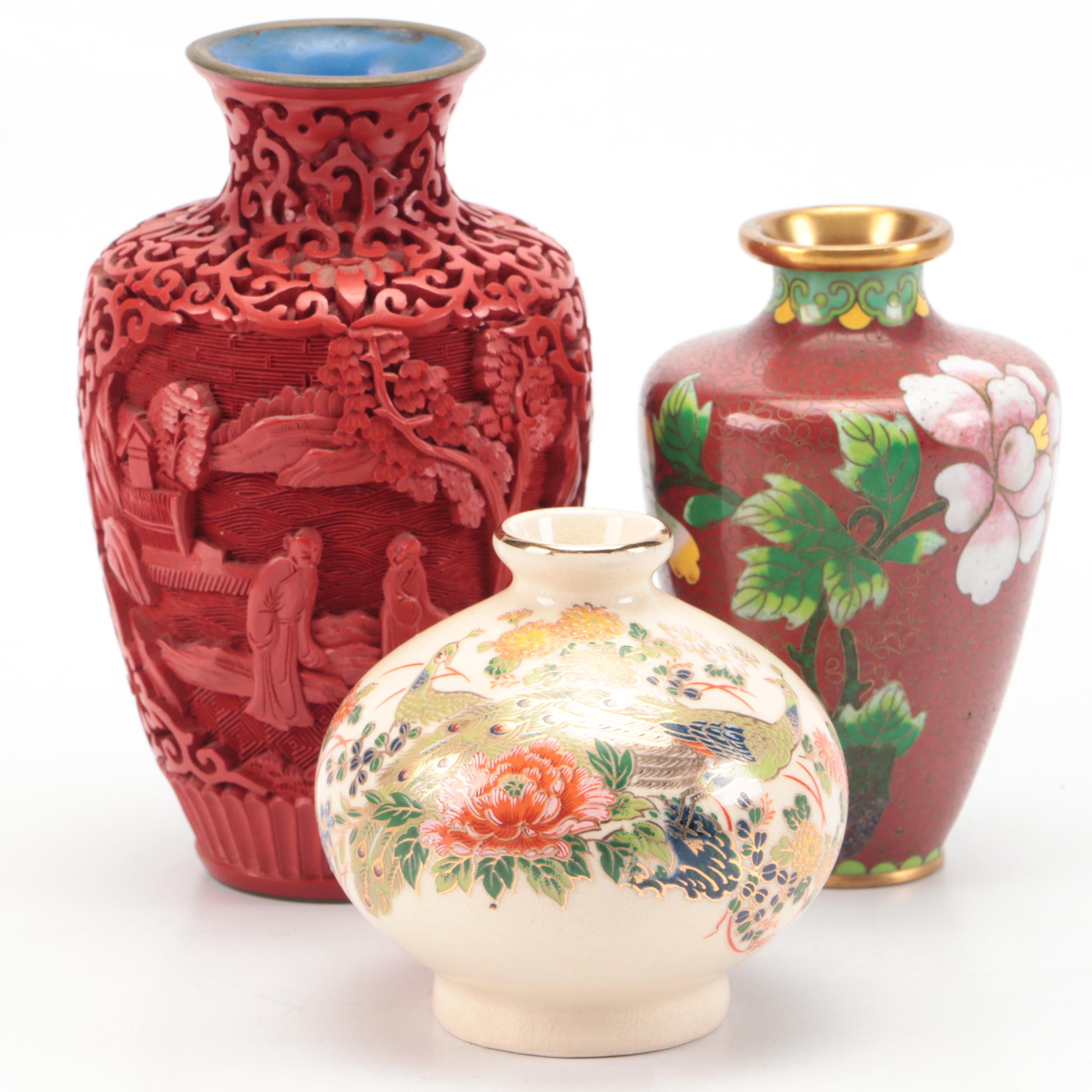 Chinese Cloisonné, Cinnabar and Japanese Porcelain Vases