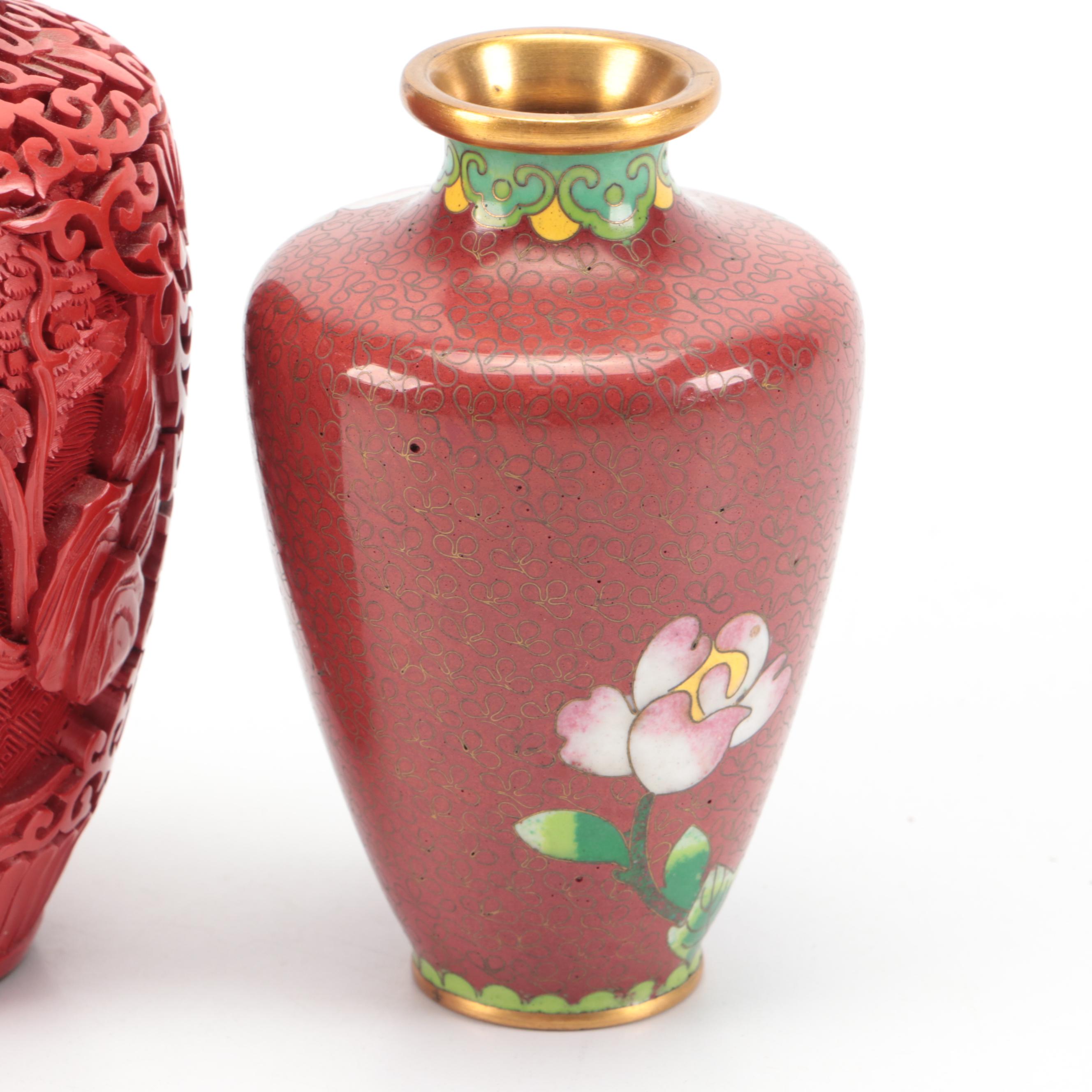 Chinese Cloisonné, Cinnabar and Japanese Porcelain Vases