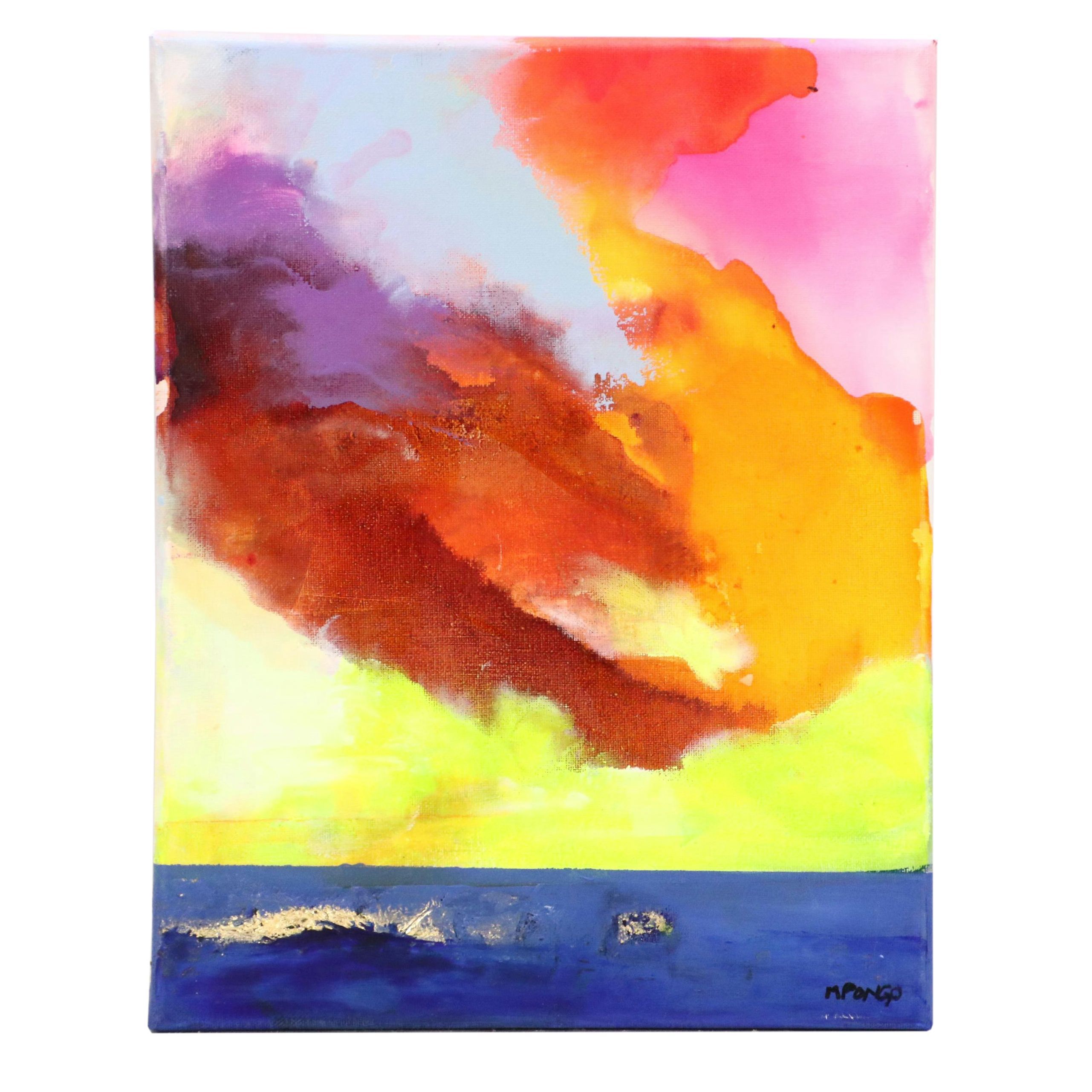 Milagros Pongo Stylized Seascape Mixed Media Painting "Marina," 21st Century