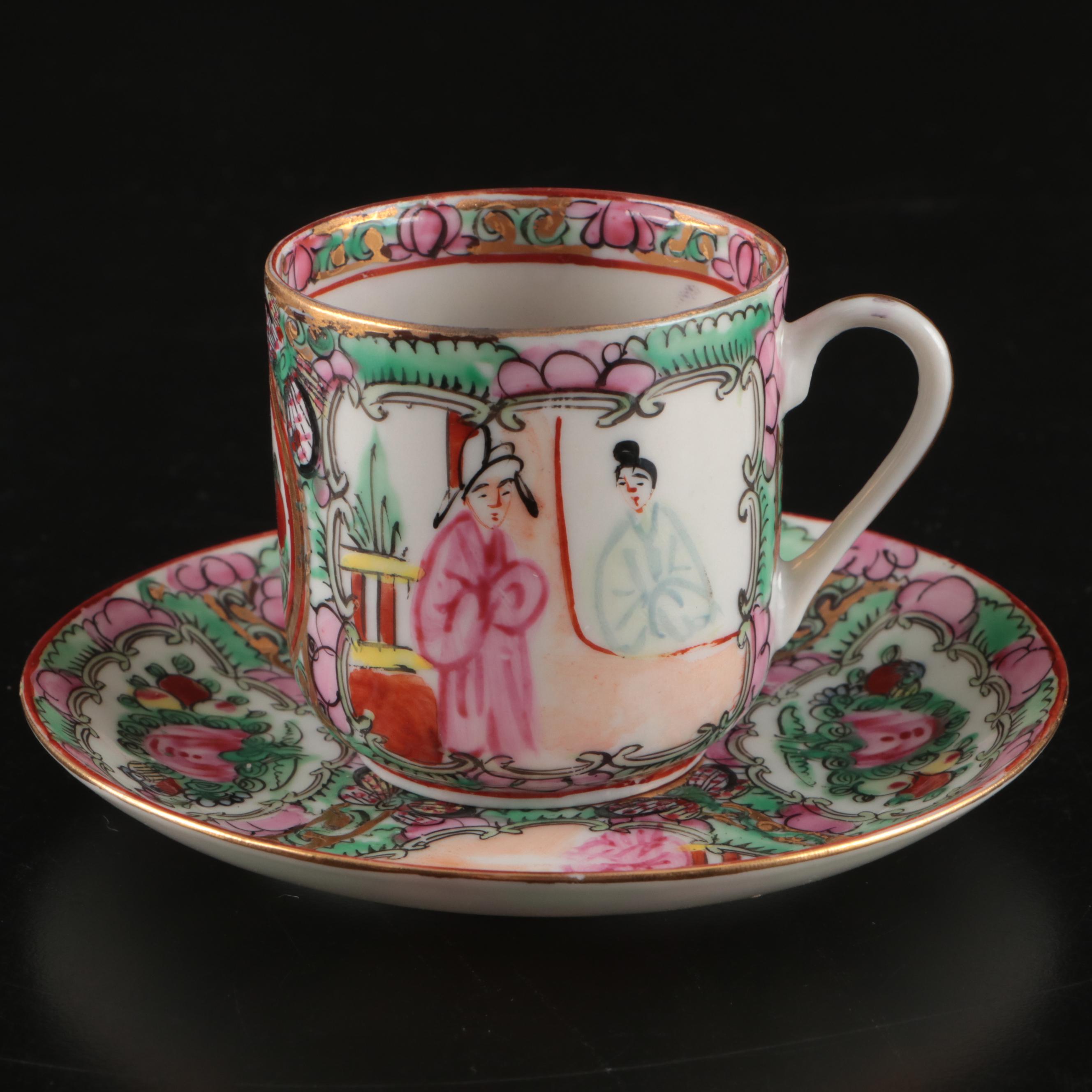 Chinese Rose Medallion Demitasse Cup and Saucer with Other Decor, 20th Century