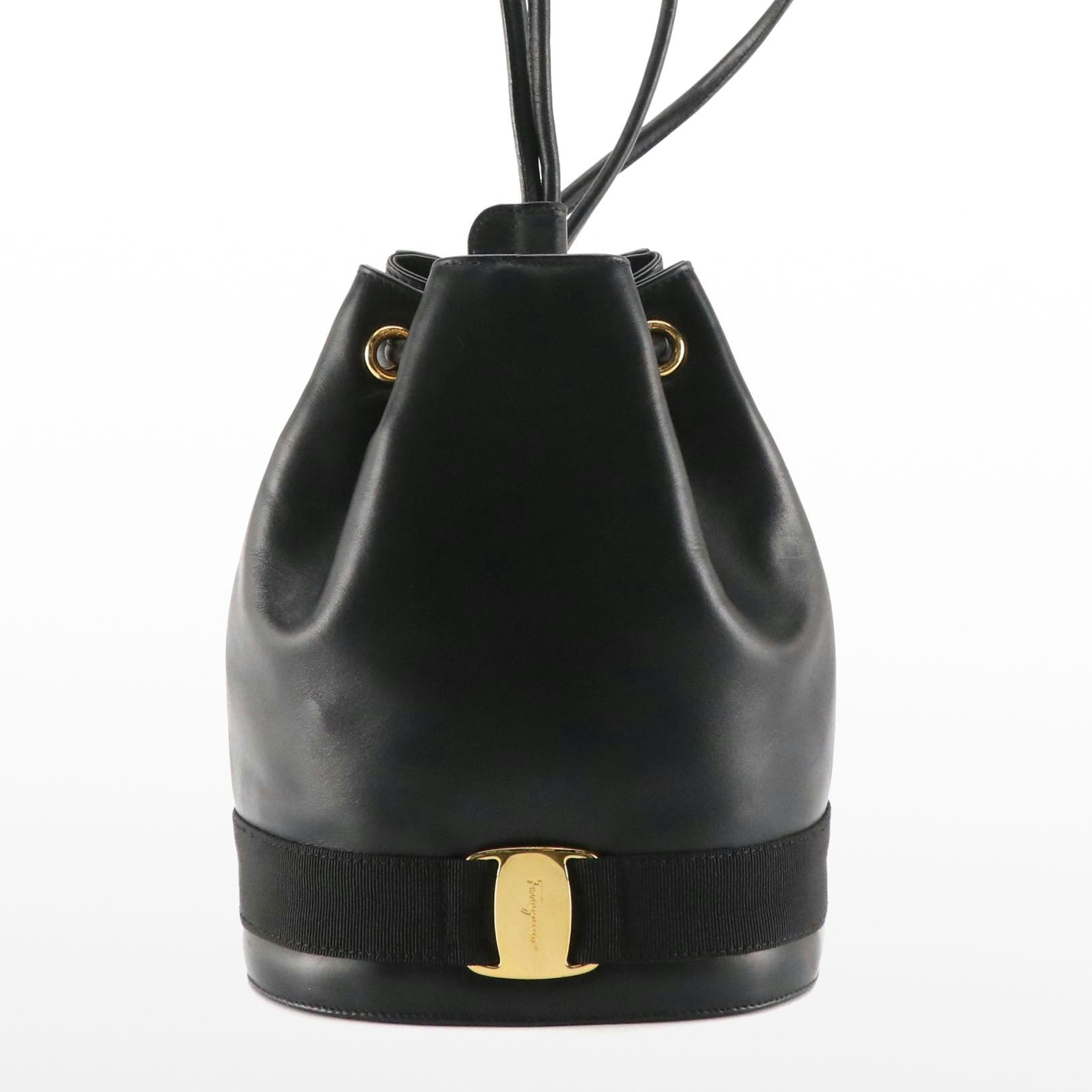 Salvatore Ferragamo Vara Bow Drawstring Bucket Backpack in Black Leather