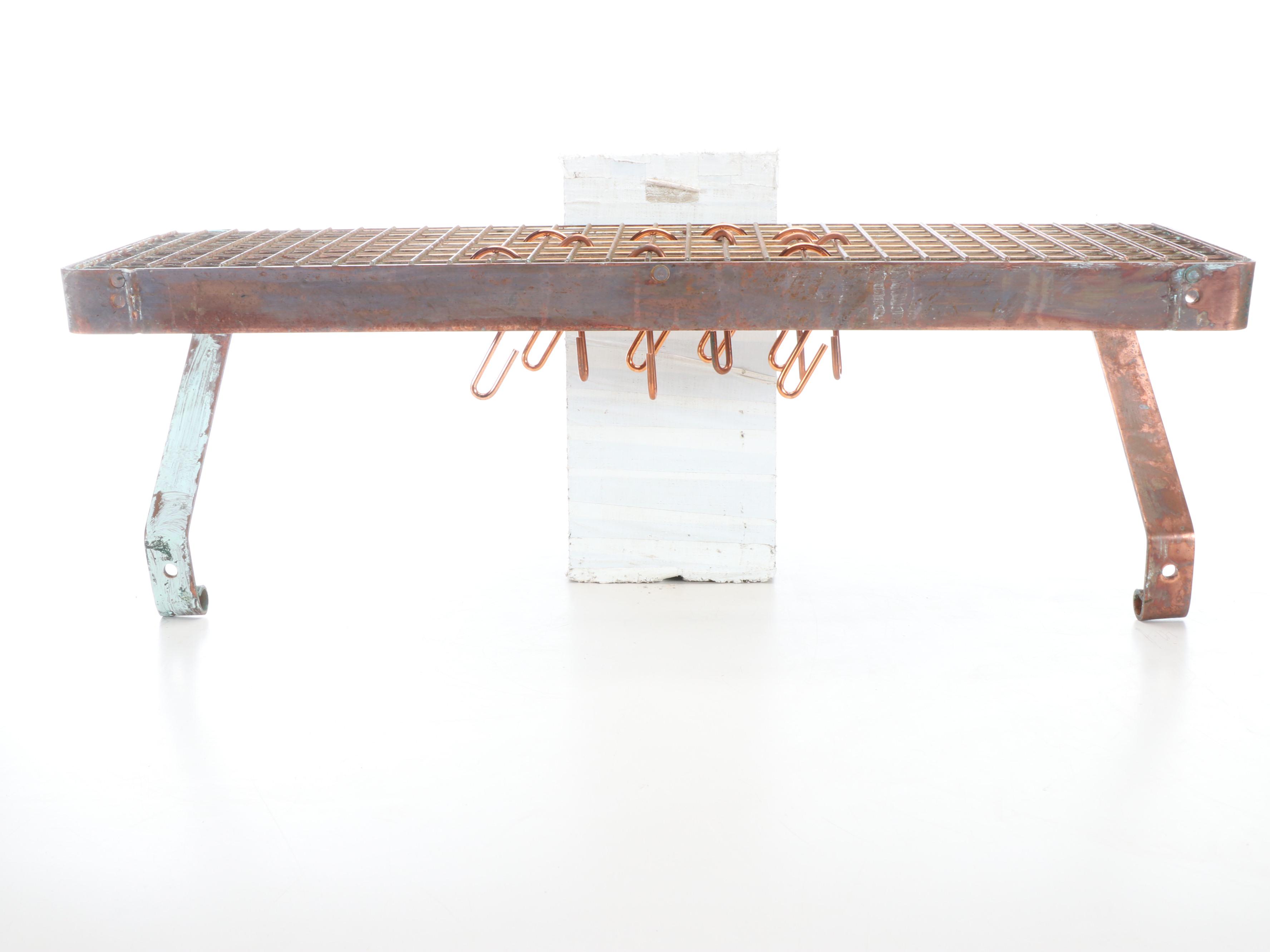 Copper Pot Rack Wall Shelf with Copper Polish and Additional Hardware