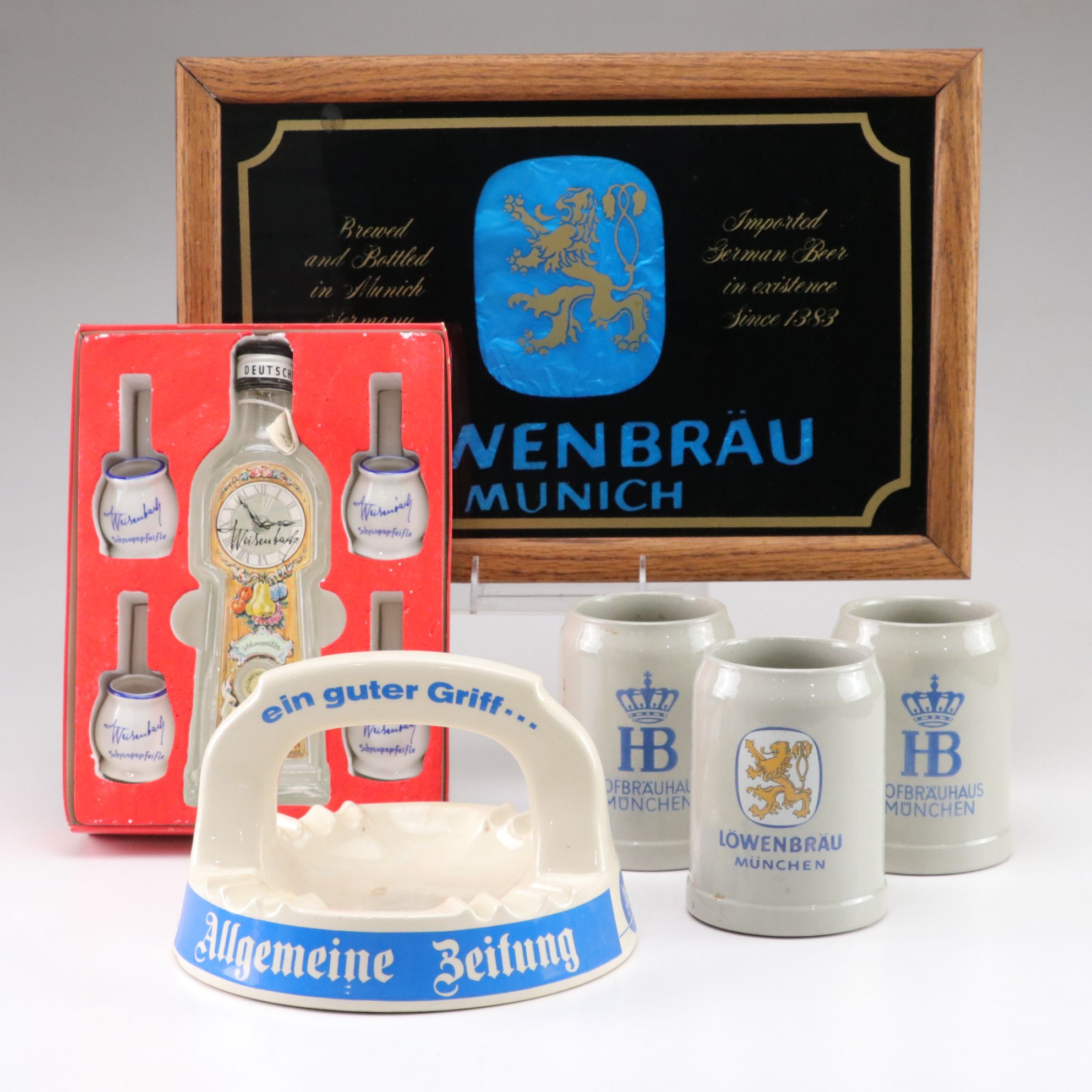 Löwenbräu Beer Mugs & Foil Sign with Ashtray & More