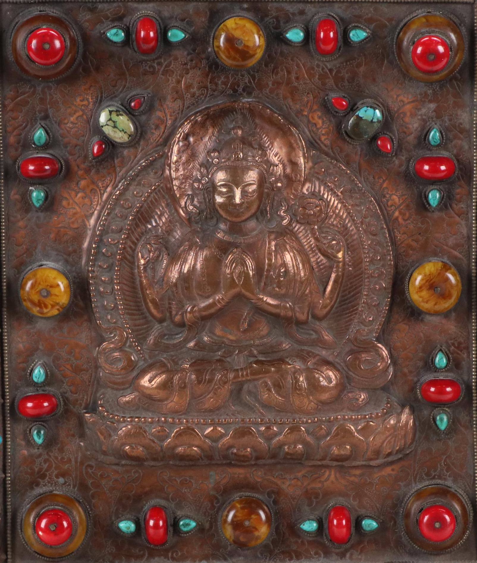 Tibetan Copper Repoussé Shrine Panel With Inlaid Coral, Turquoise, Glass, Resin