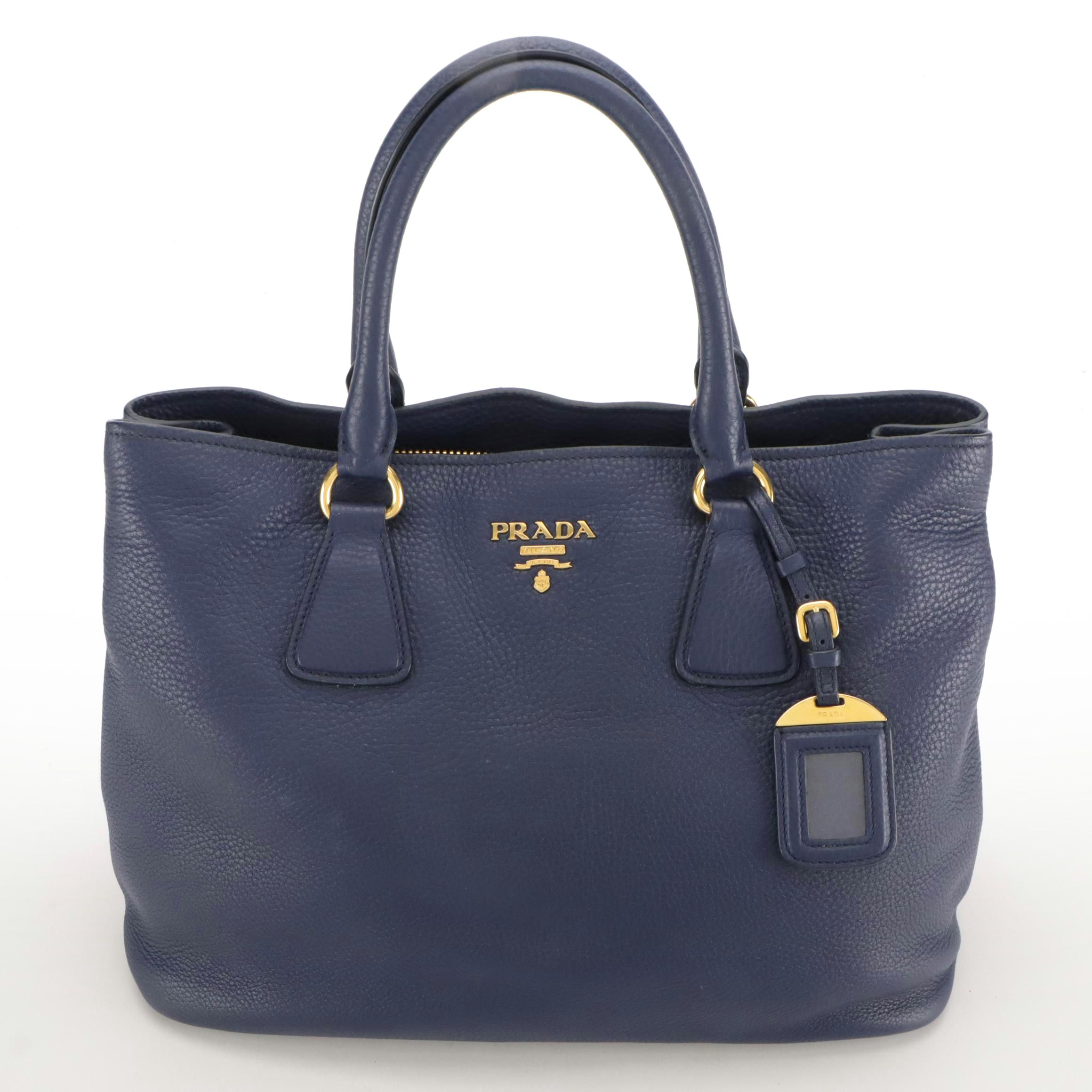 Prada Two-Way Tote Bag in Deep Blue Vitello Daino Leather