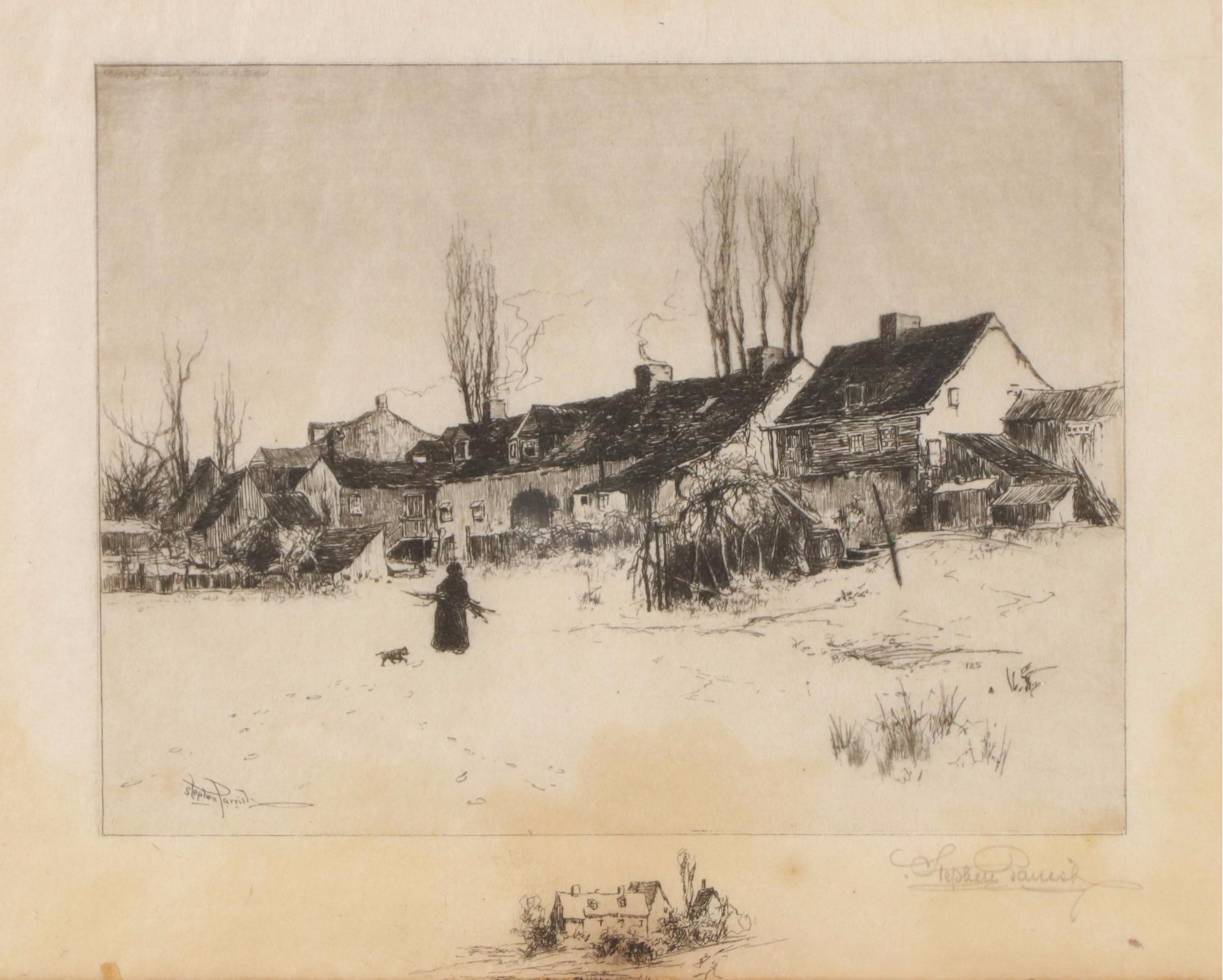 Stephen Parrish Etching "A Winter's Day, Windsor, Nova Scotia," 1889
