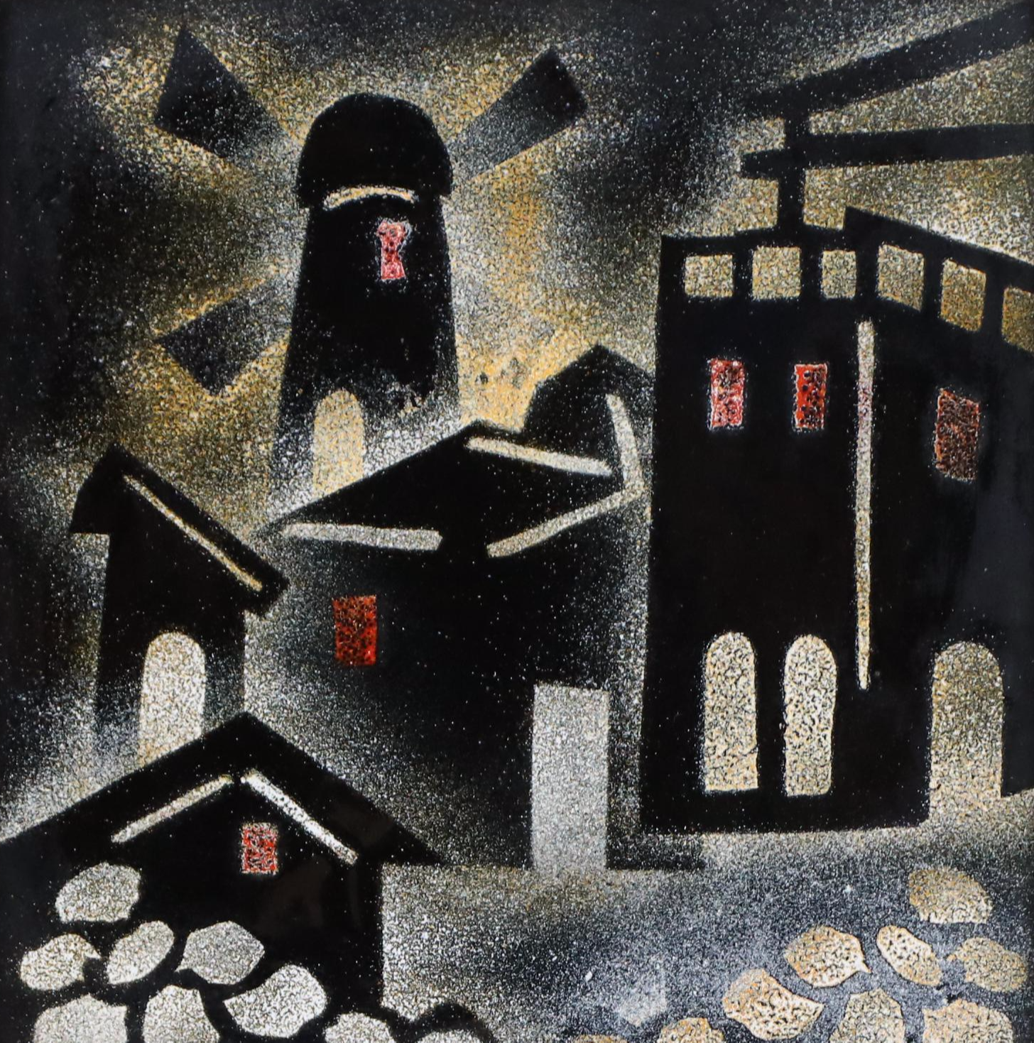Israeli School Enamel Painting on Embossed Copper of Montefiore Windmill