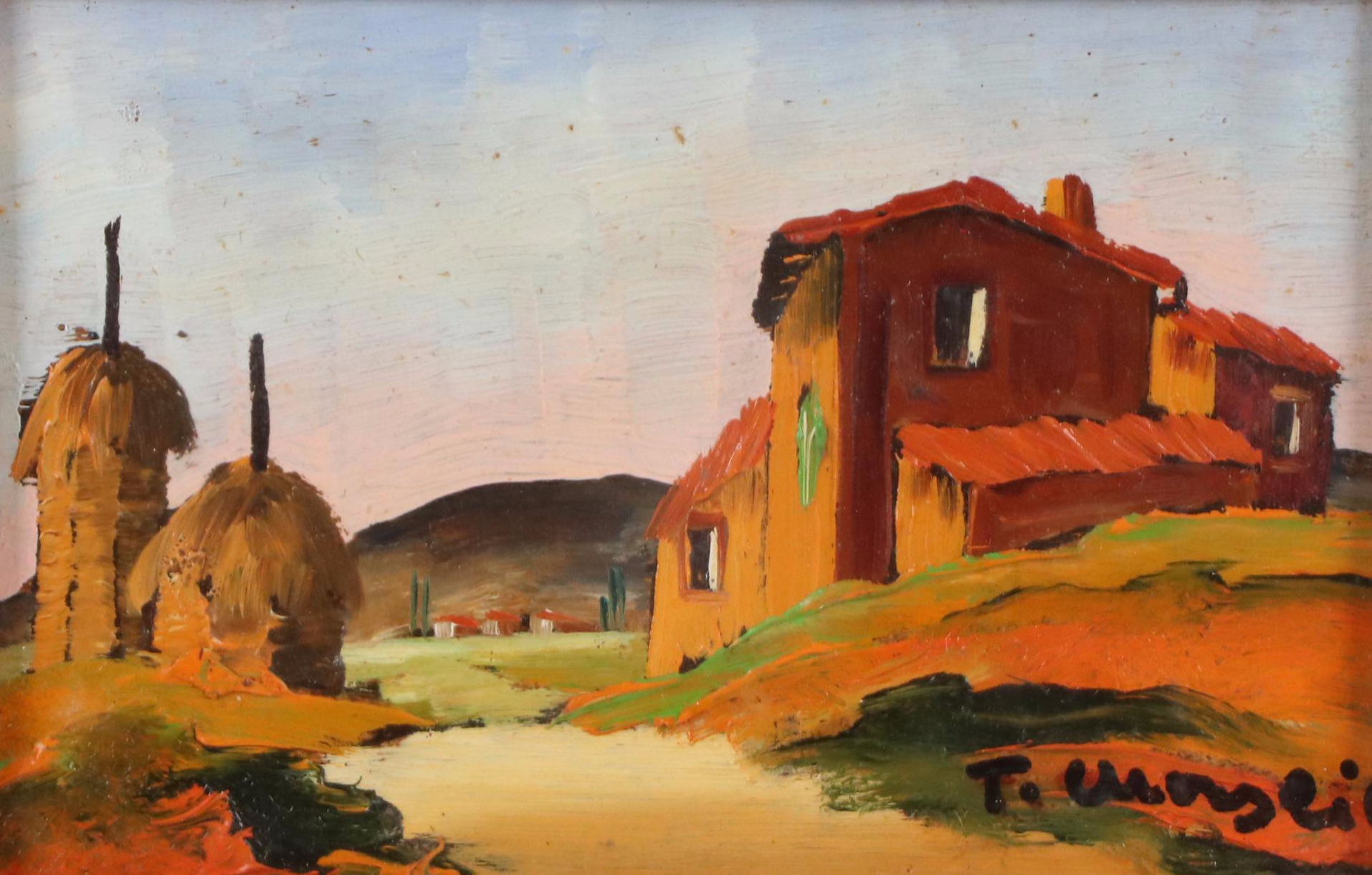 Impressionistic Miniature Oil Painting of Rural Tuscan Houses