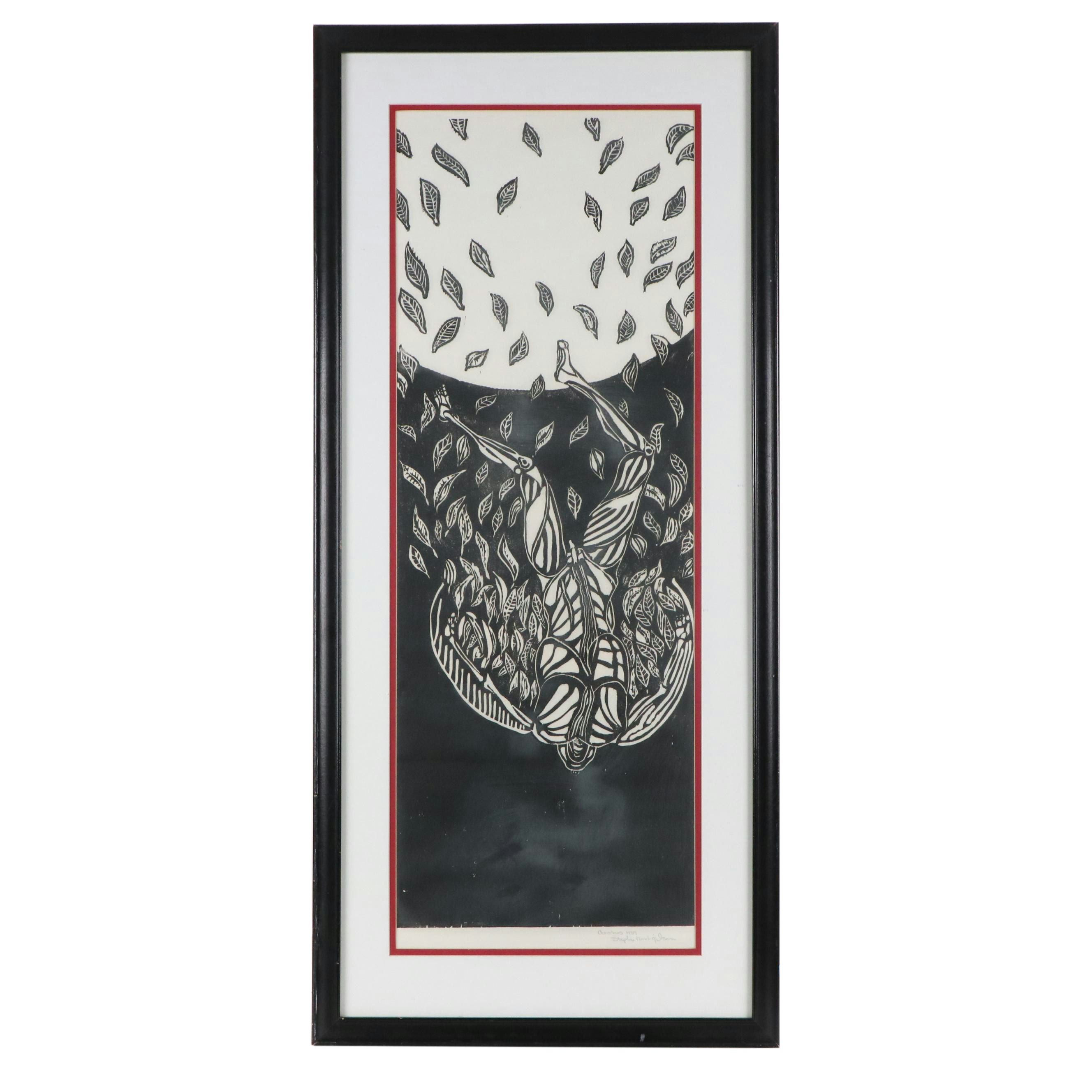 Stephen French Gilson Figural Linocut of Icarus Falling, 1989