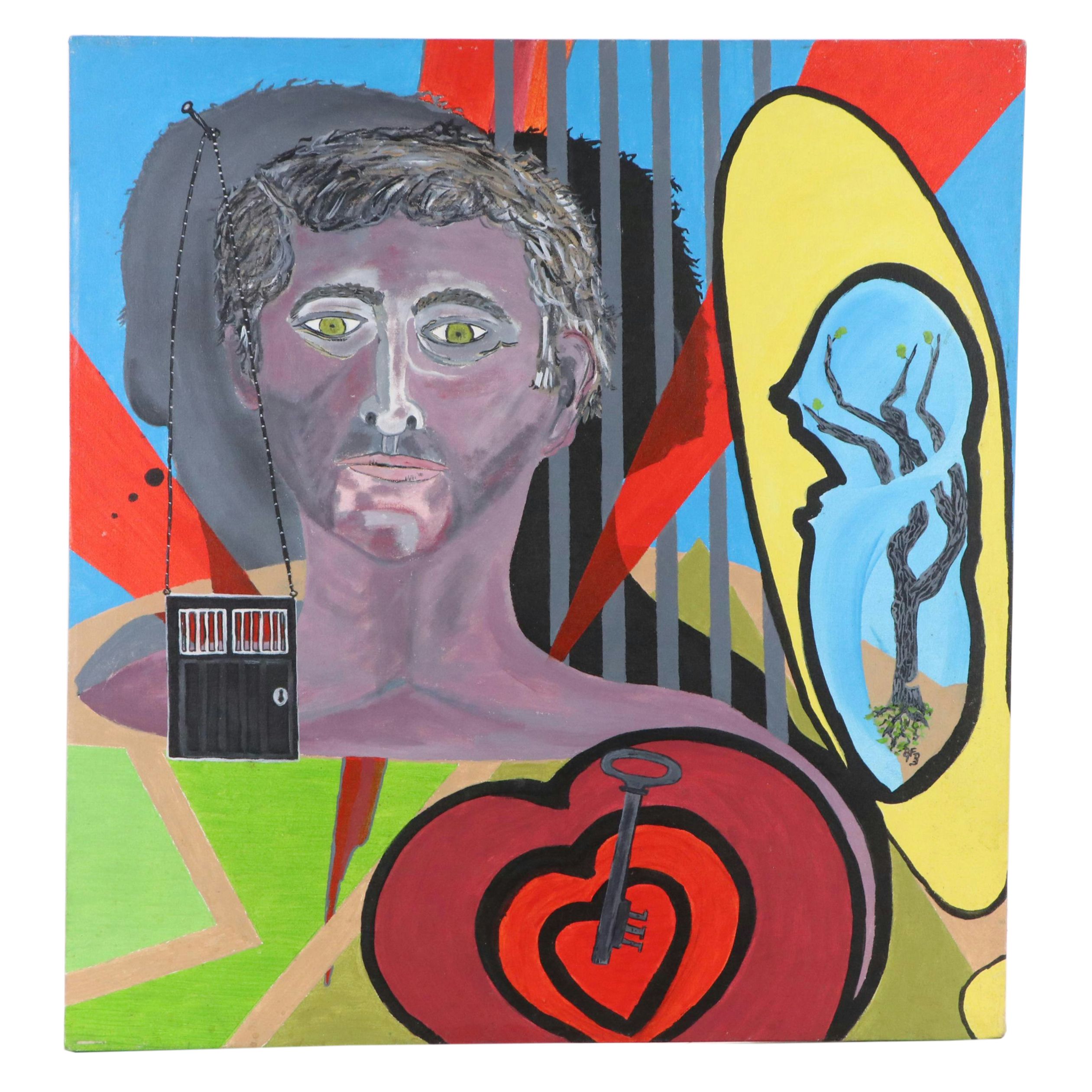 Surrealist Style Acrylic Painting "Jail Time," 1993