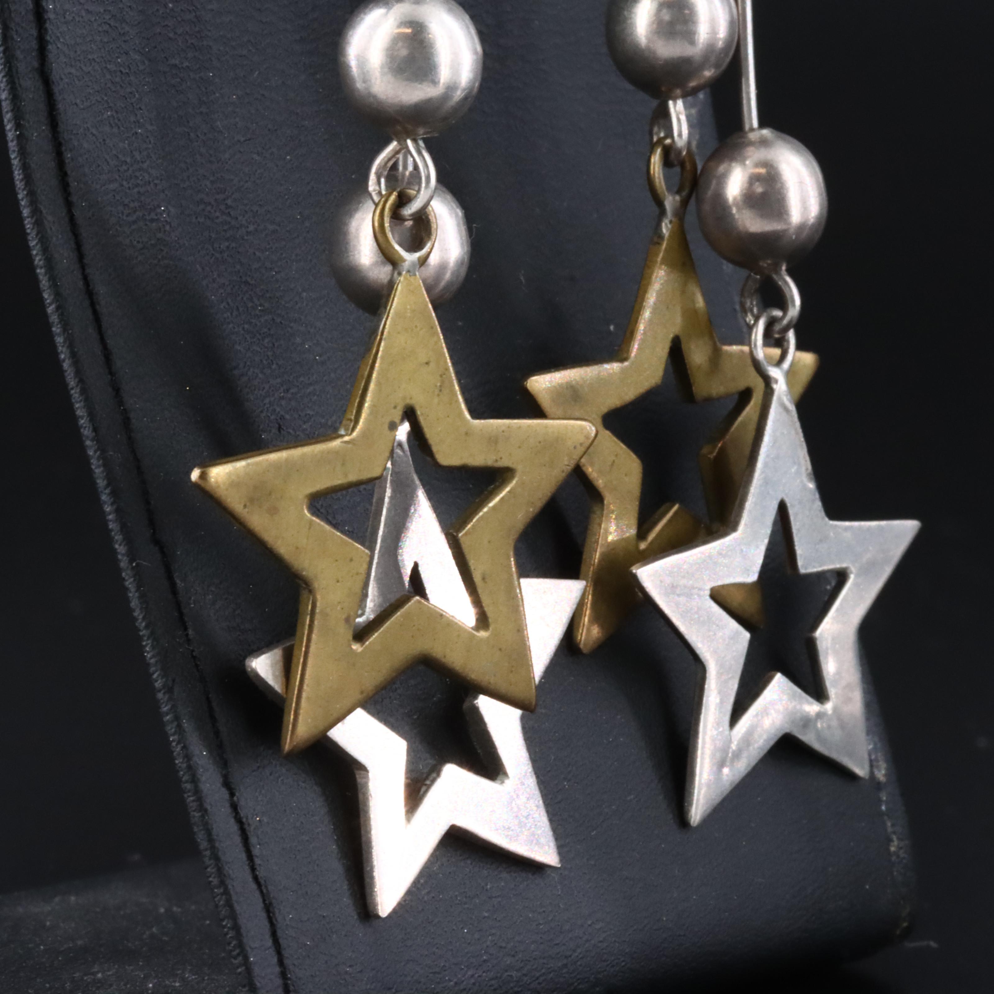 Laton Mexican Sterling and Brass Star Earrings