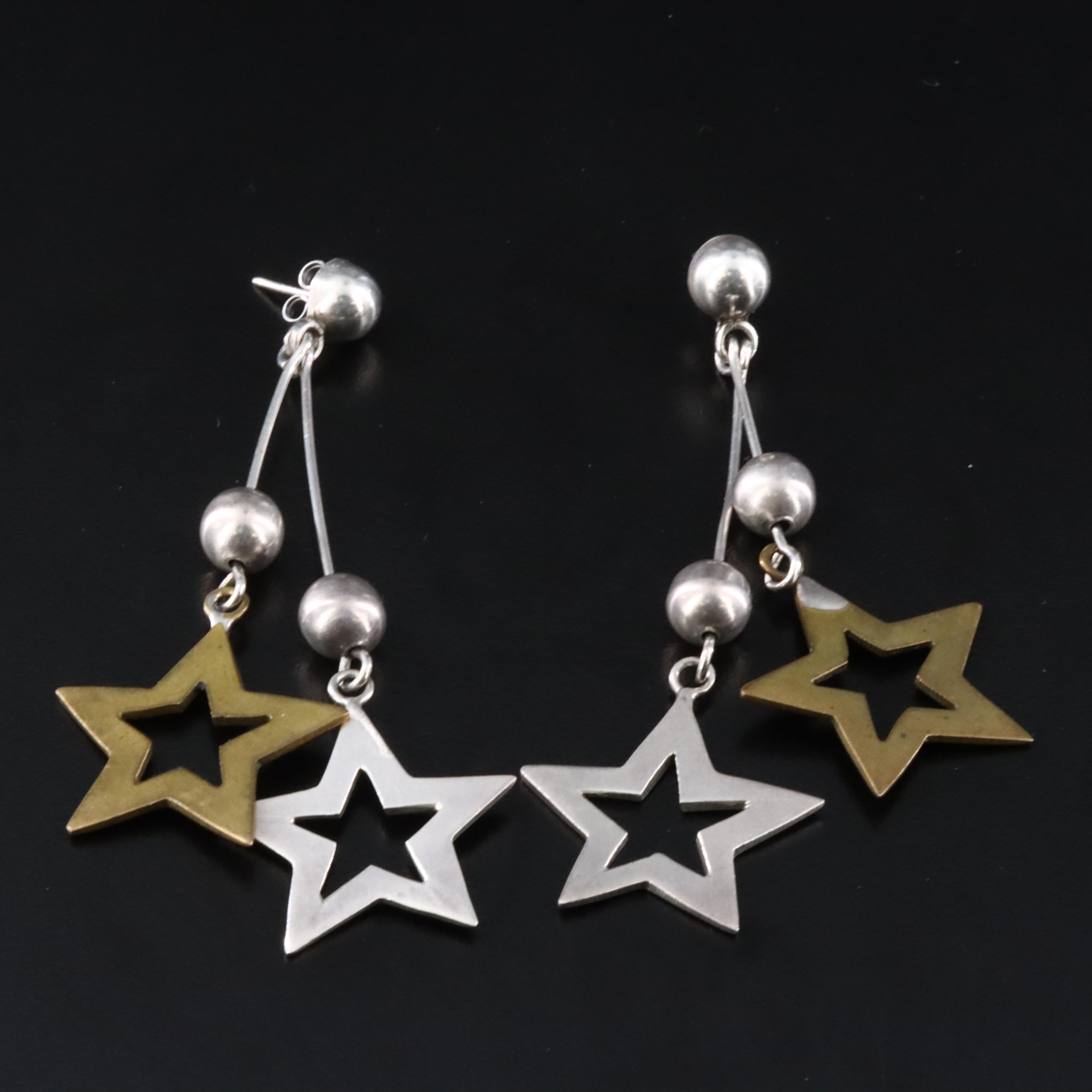 Laton Mexican Sterling and Brass Star Earrings