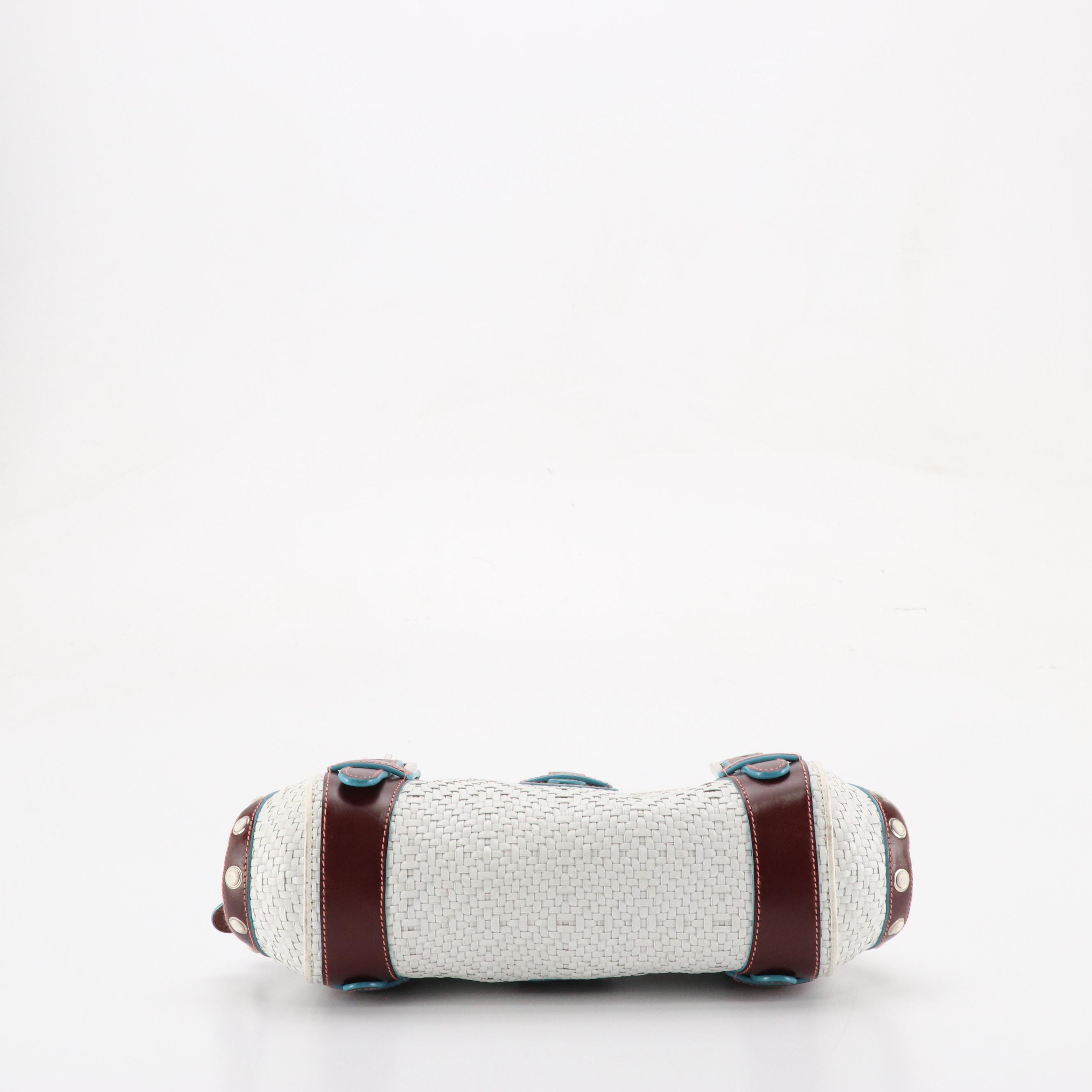 Loewe Woven Senda Bag with Brown Leather Trim and Blue Accents