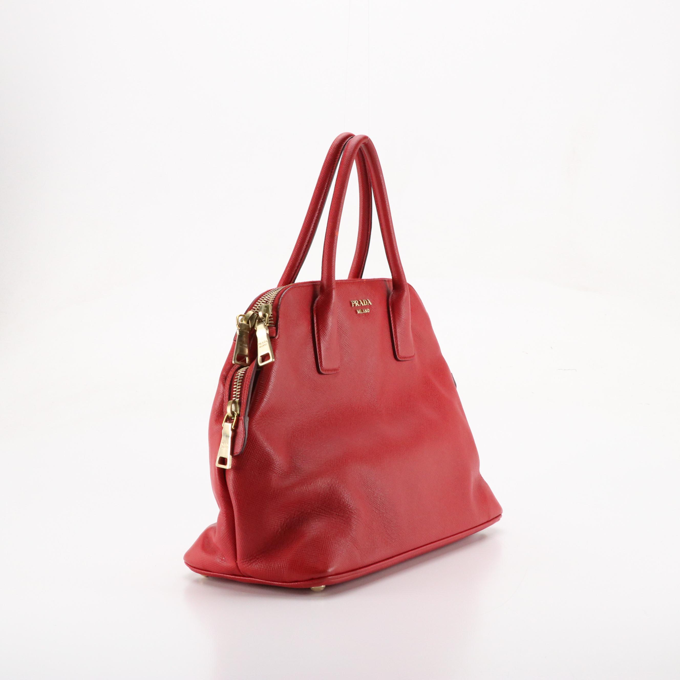 Prada Red Saffiano Leather Dual Zip Pocket Tote