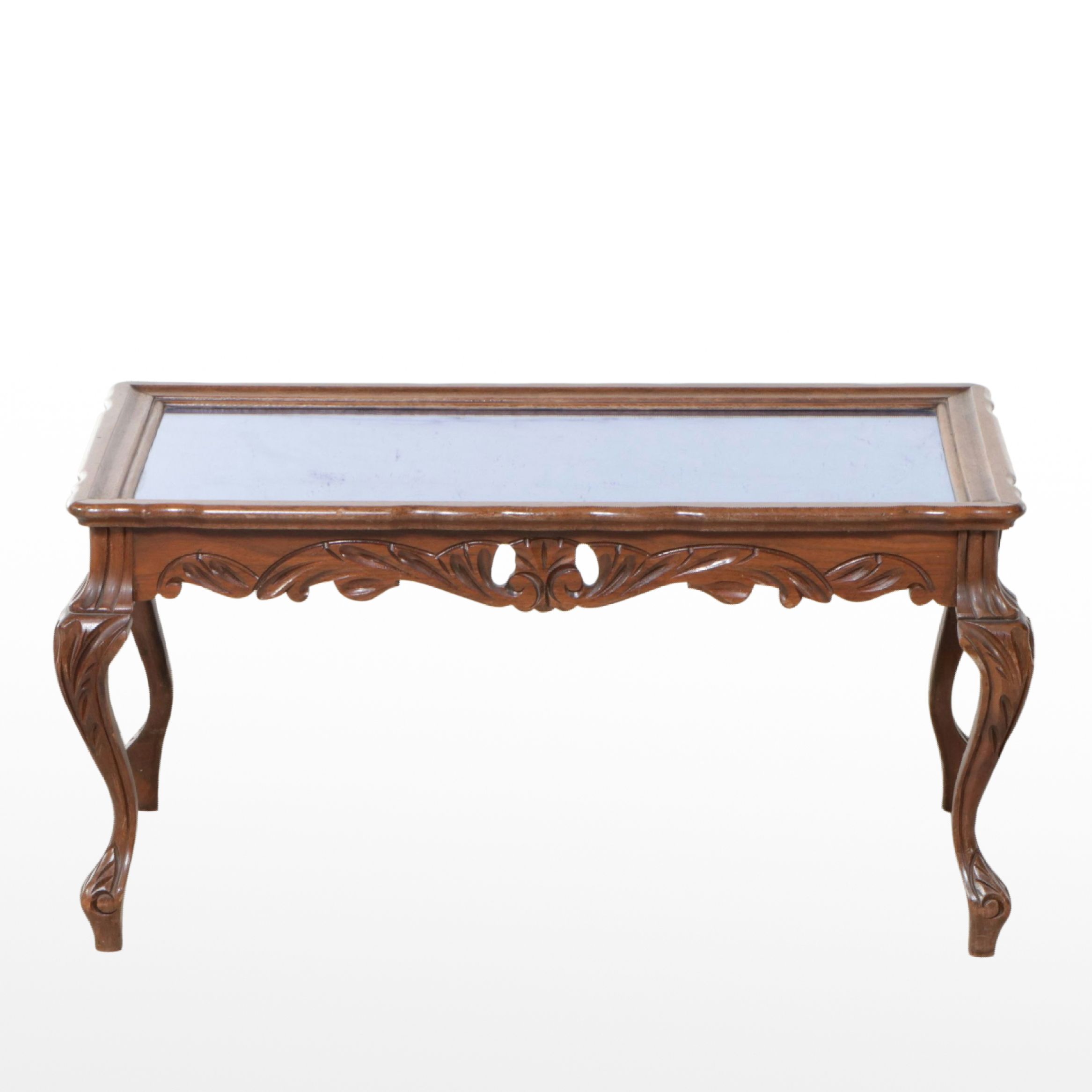 French Provincial Style Carved Walnut Coffee Table with Blue Mirrored Top