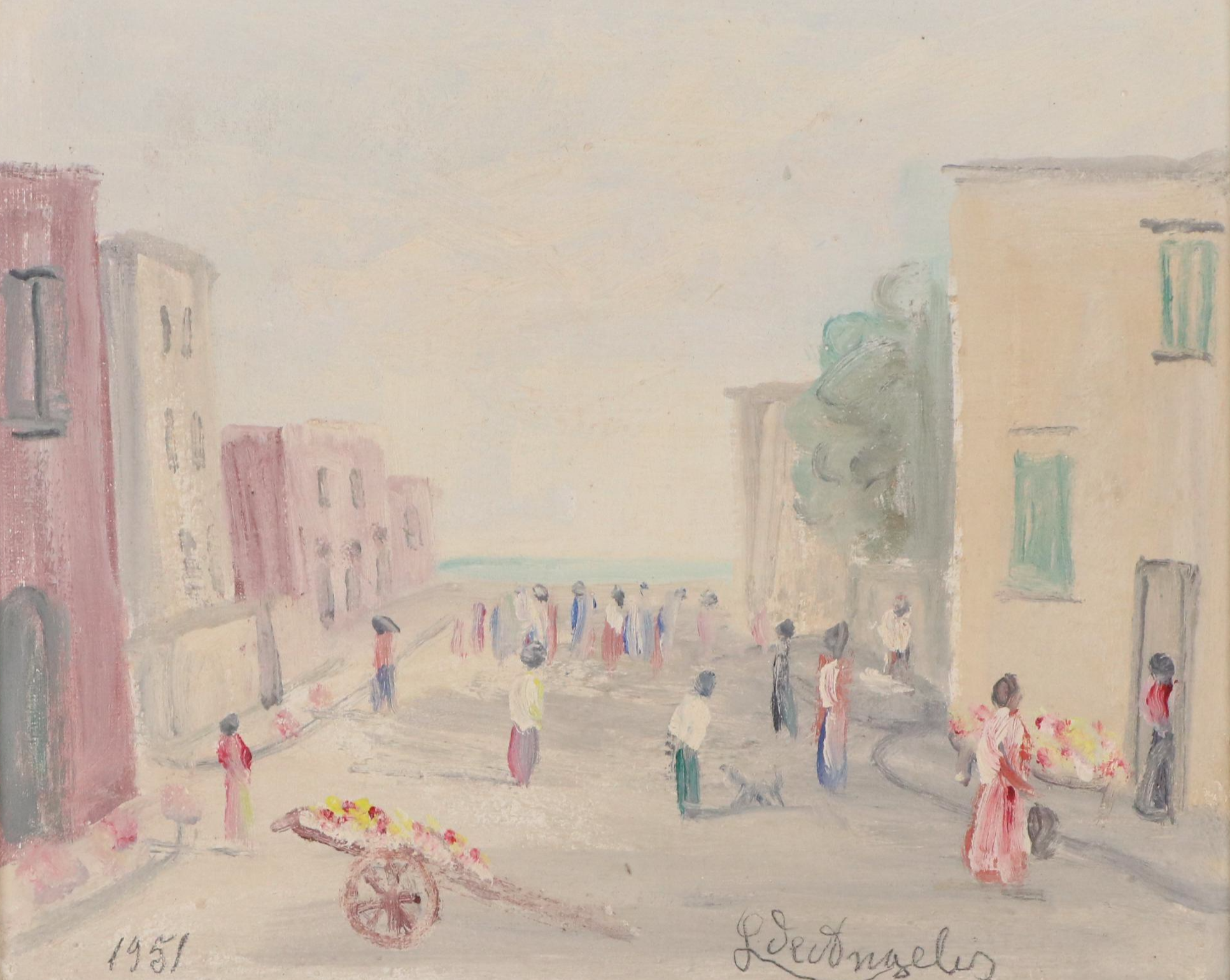 Luigi De Angelis Oil Painting of Italian Street Scene, 1951