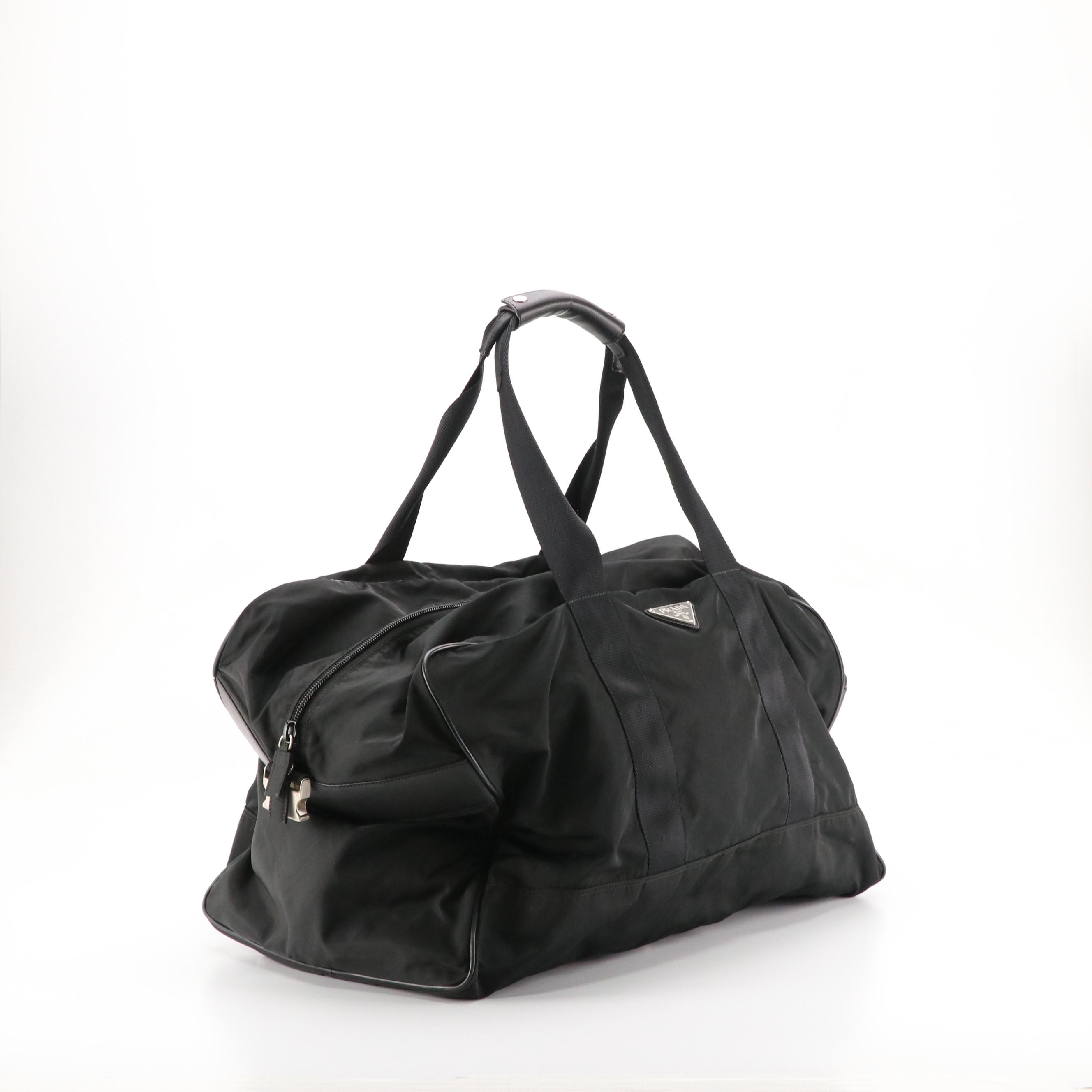Prada Black Tessuto Nylon and Saffiano Leather Travel Duffle Bag