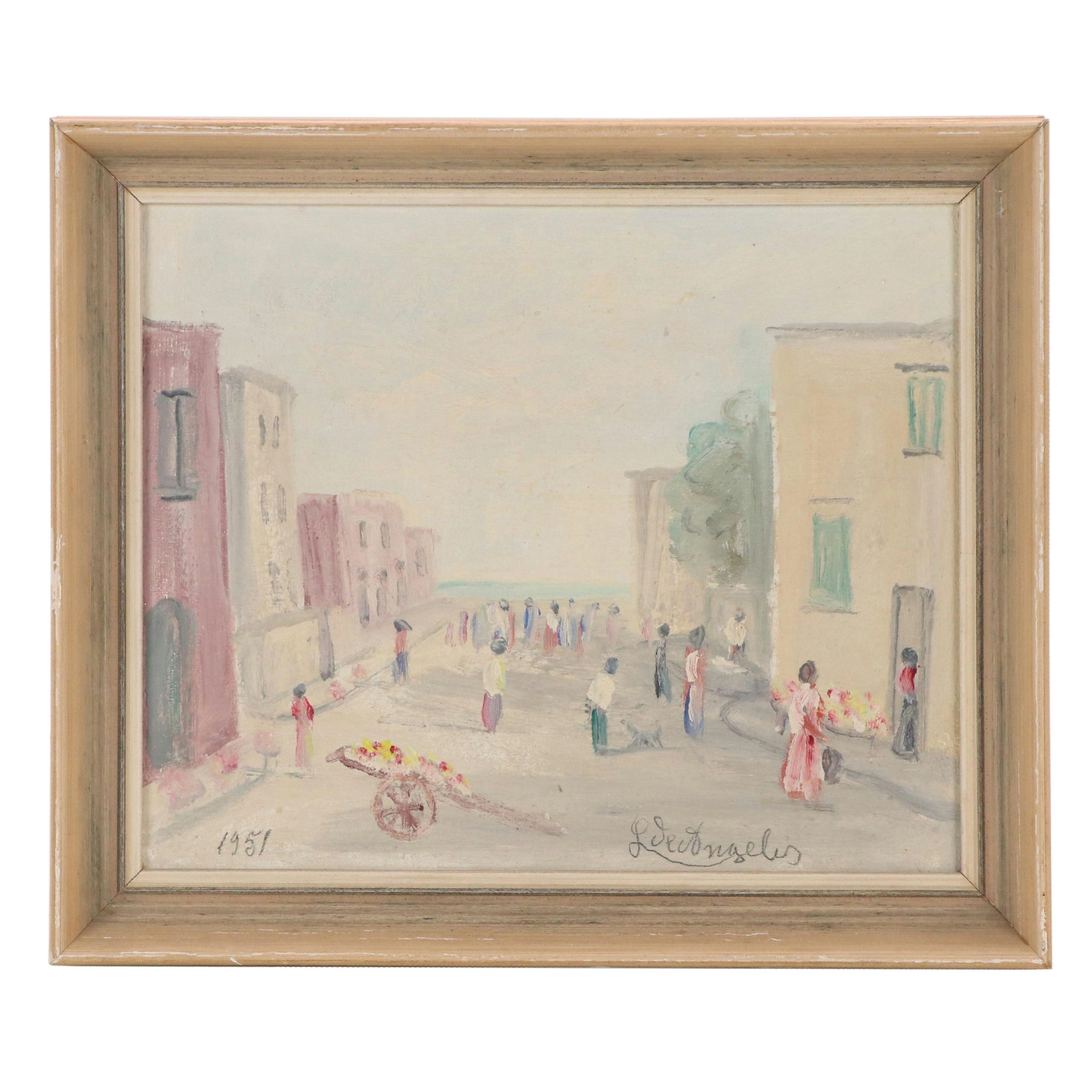 Luigi De Angelis Oil Painting of Italian Street Scene, 1951