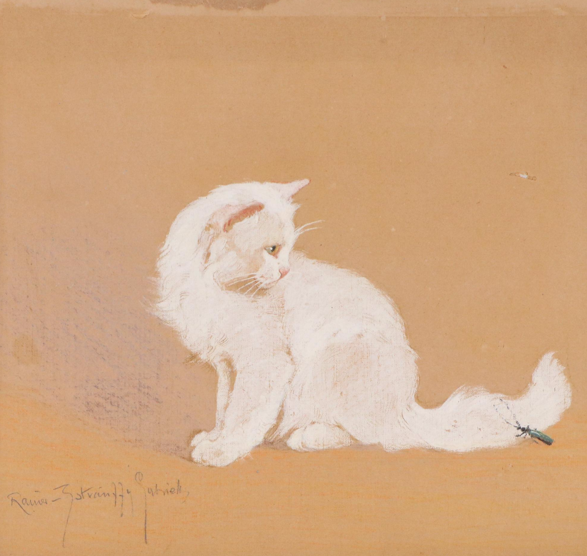 Gabrielle Rainer Istanffy Mixed Media Painting of Cat with Cricket