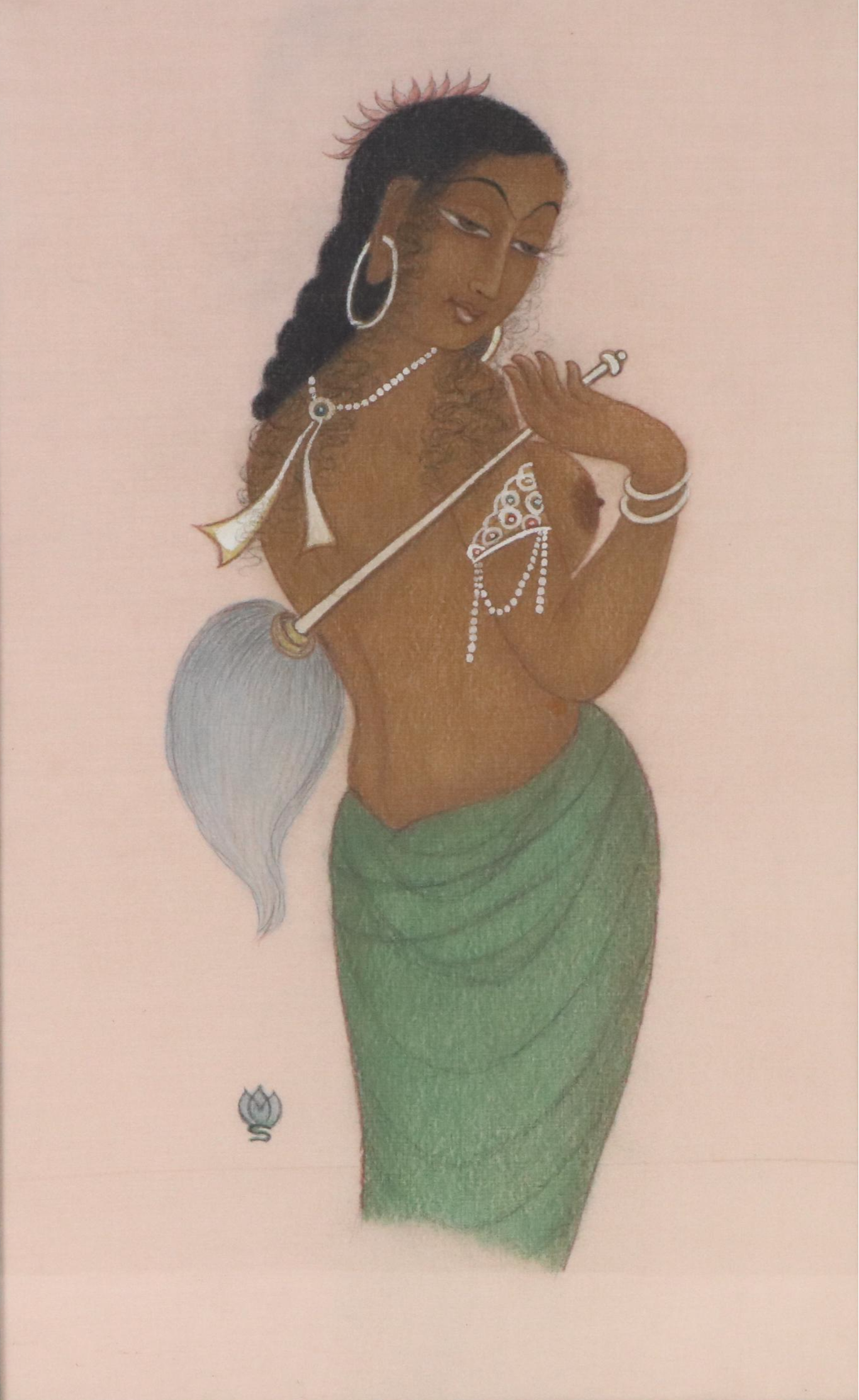 Indian School Gouache Portrait of Woman with Duster