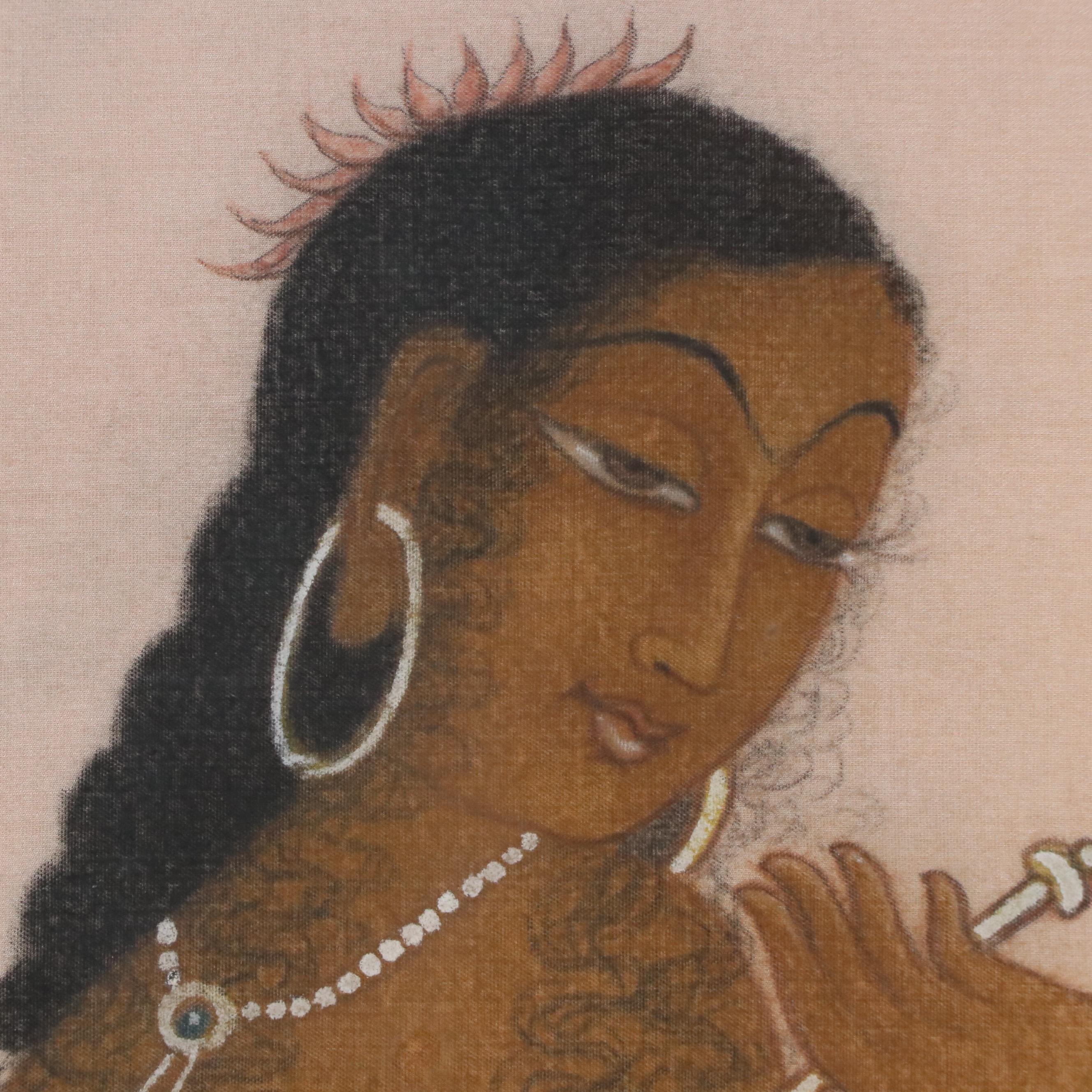 Indian School Gouache Portrait of Woman with Duster