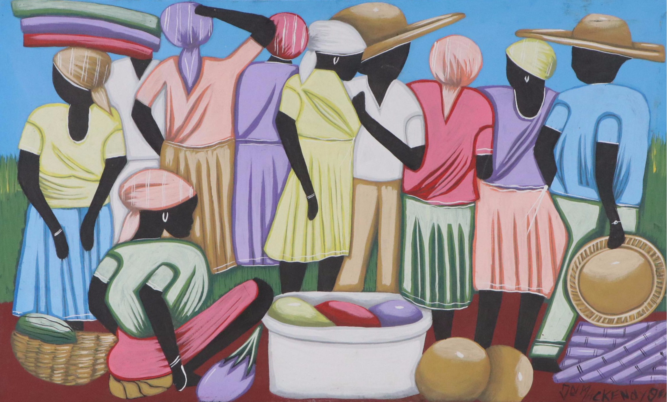 Mackena Haitian Style Acrylic Painting of Gathered Figures with Baskets