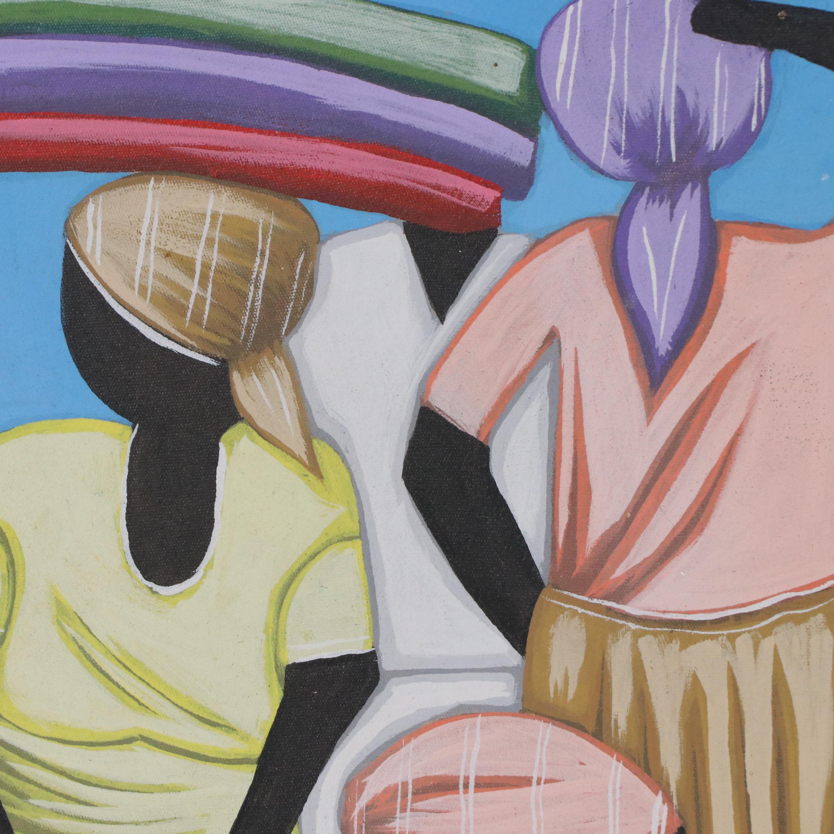 Mackena Haitian Style Acrylic Painting of Gathered Figures with Baskets
